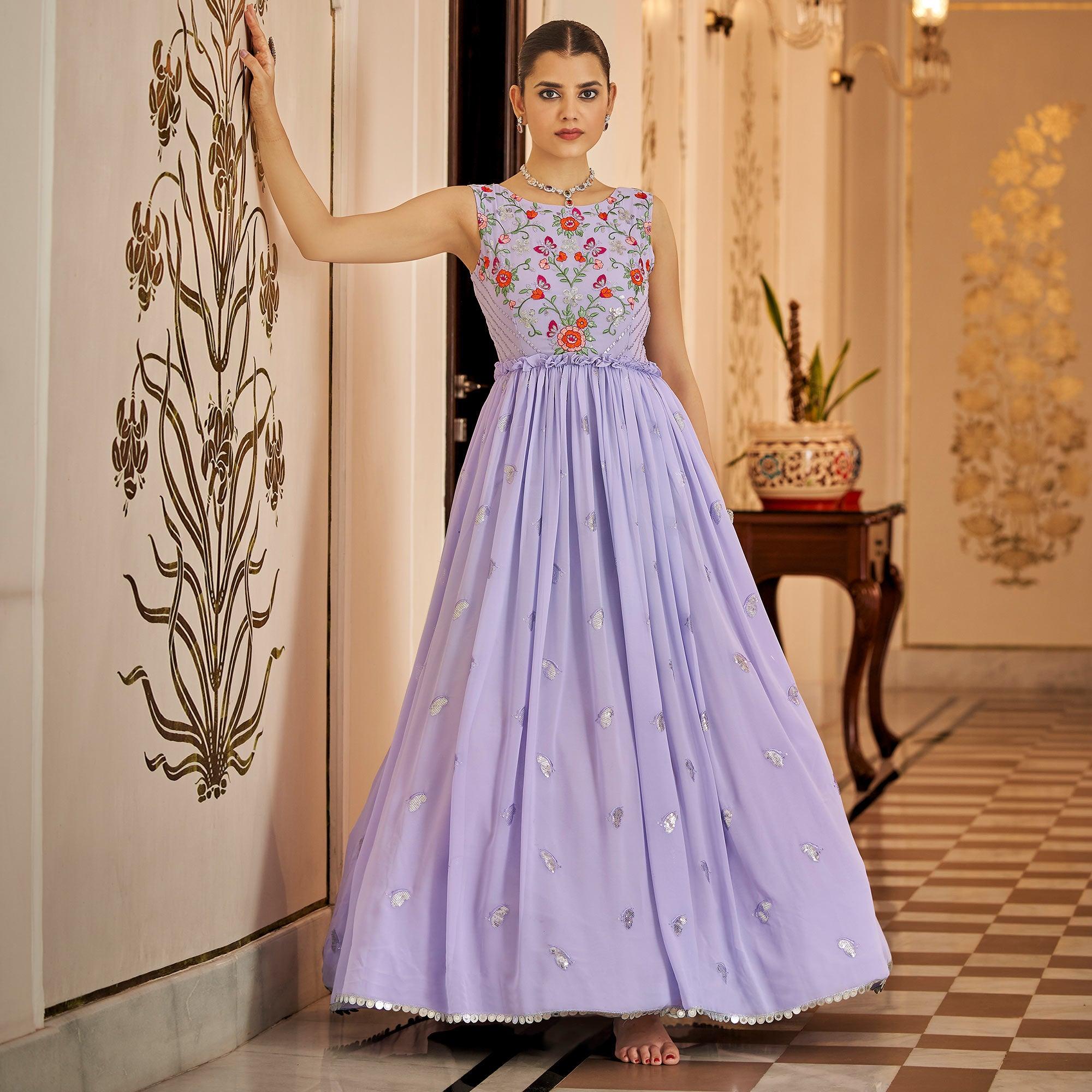 Lavender Embroidered Georgette Gown - Peachmode