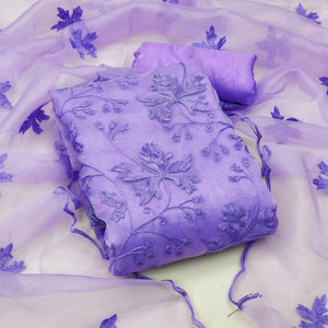 Lavender Embroidered Organza Dress Material - Peachmode