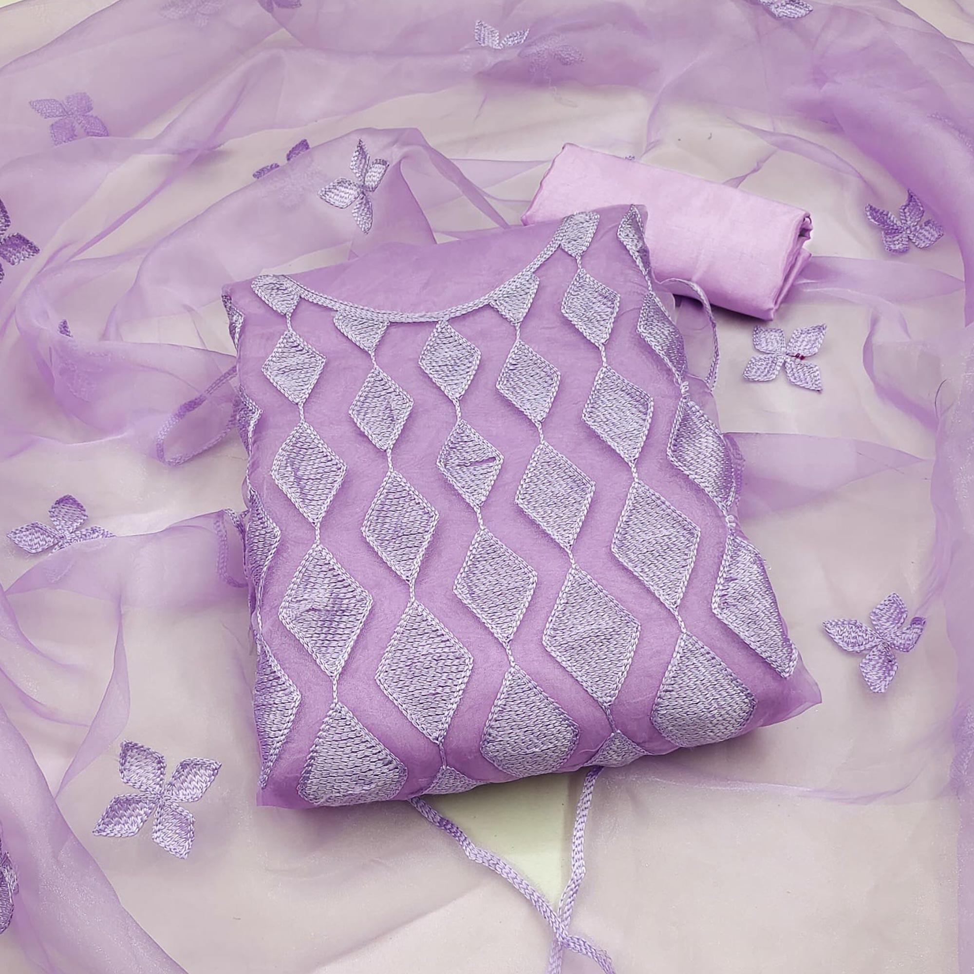 Lavender Embroidered Organza Dress Material - Peachmode