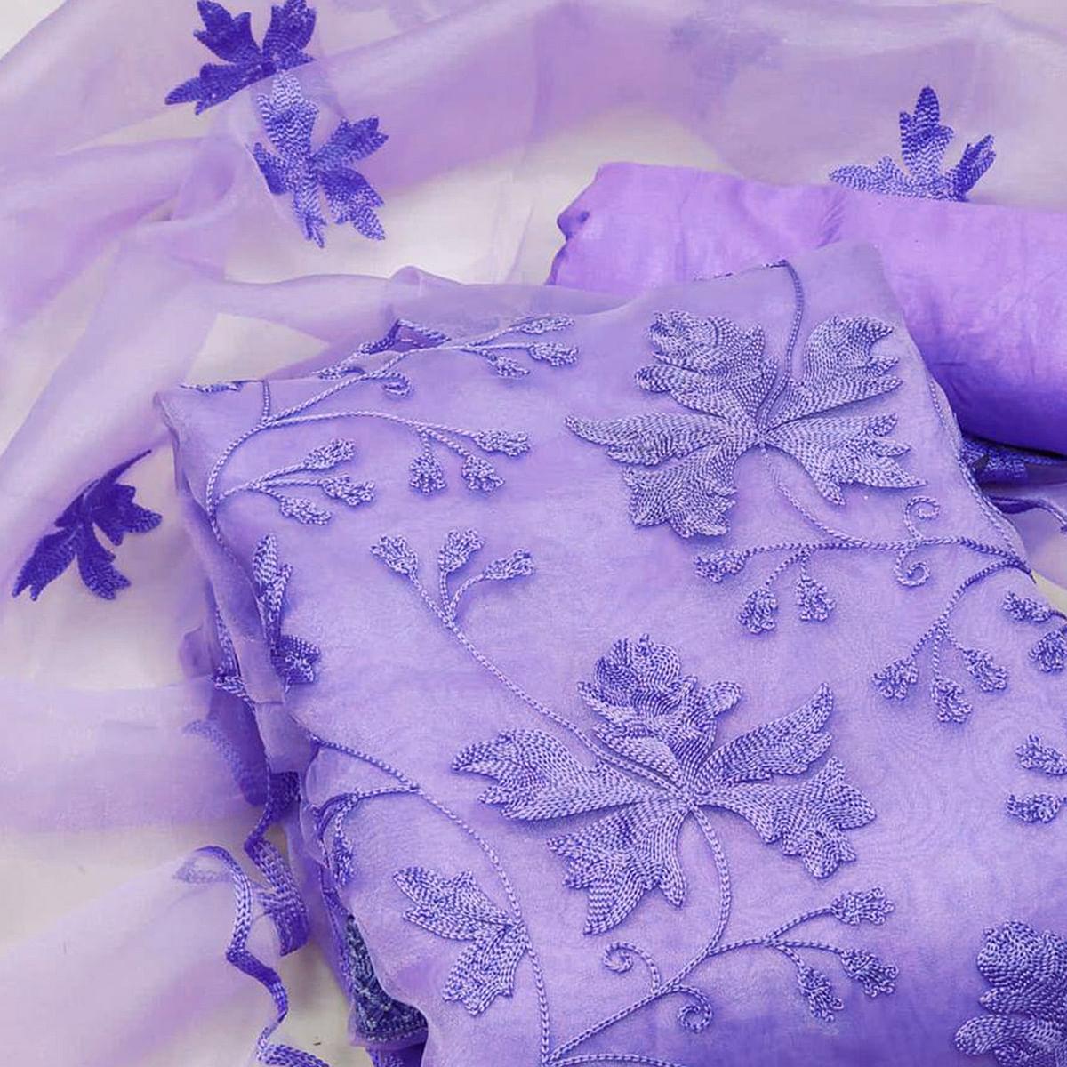 Lavender Embroidered Organza Dress Material - Peachmode