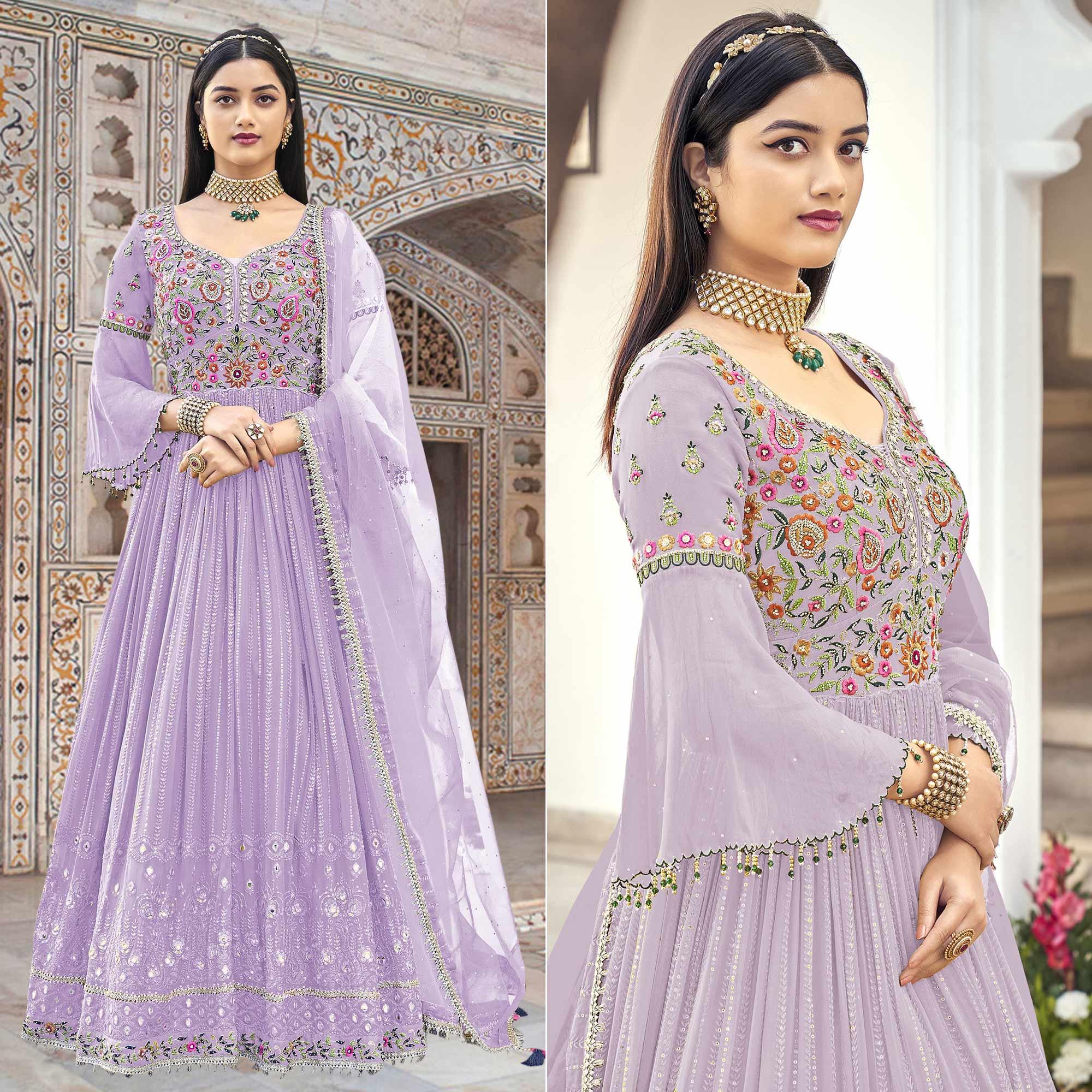 Lavender Embroidered With Embellished Georgette Anarkali Style Gown - Peachmode