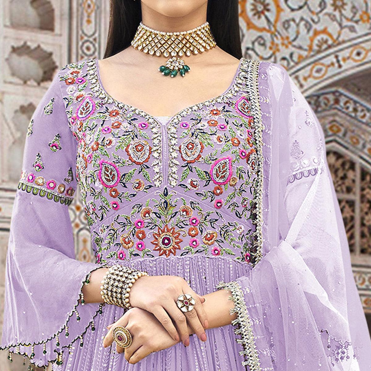 Lavender Embroidered With Embellished Georgette Anarkali Style Gown - Peachmode