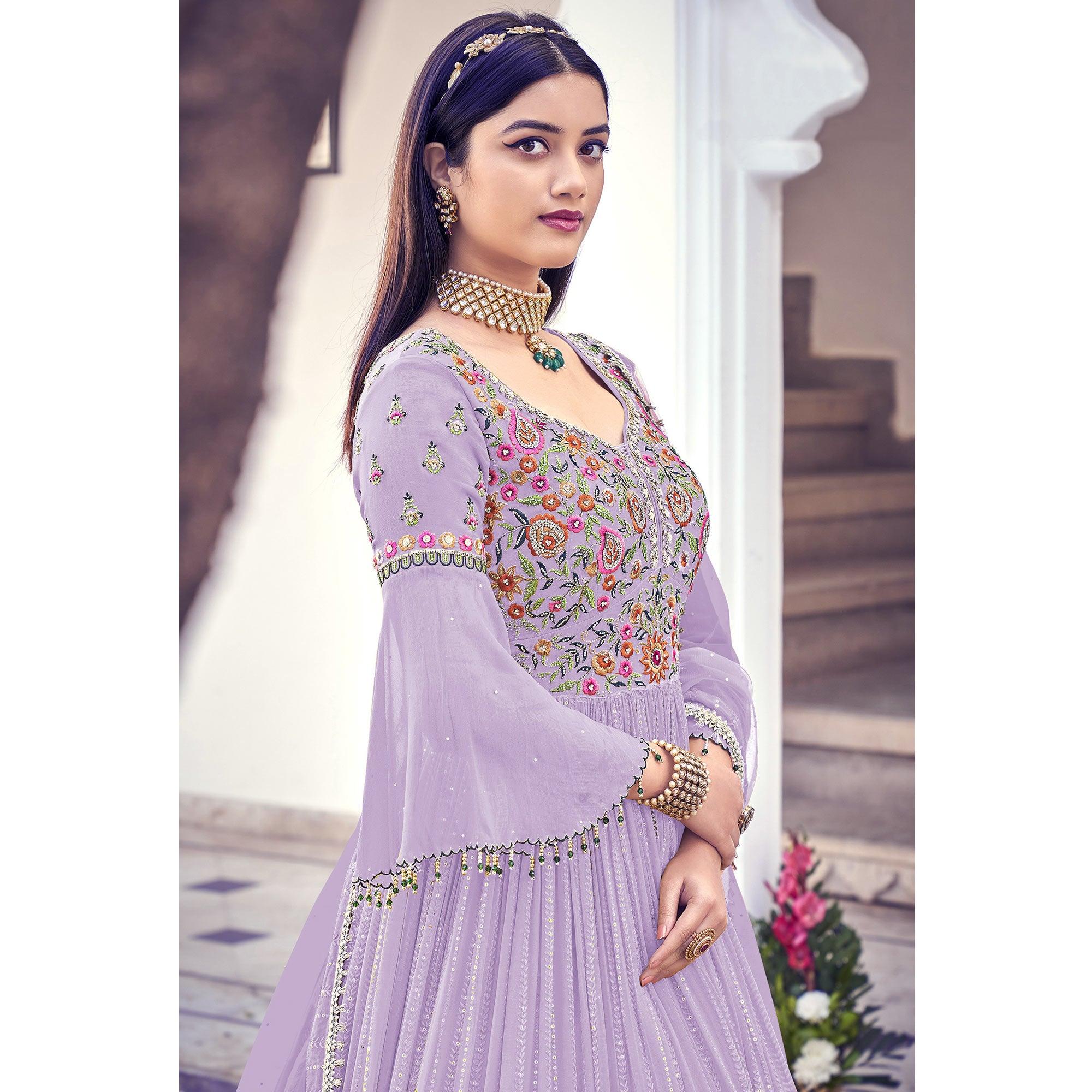 Lavender Embroidered With Embellished Georgette Anarkali Style Gown - Peachmode