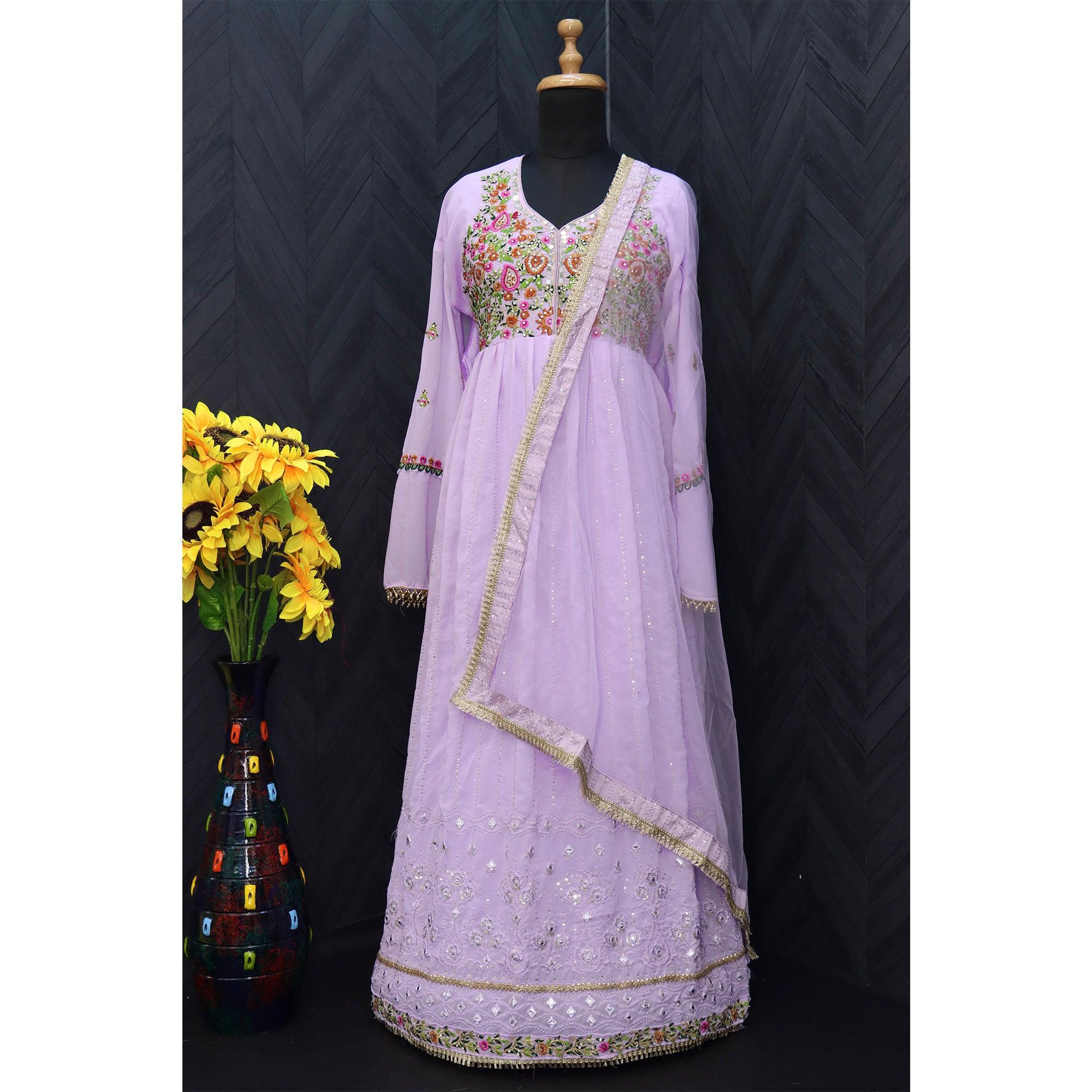 Lavender Embroidered With Embellished Georgette Anarkali Style Gown - Peachmode