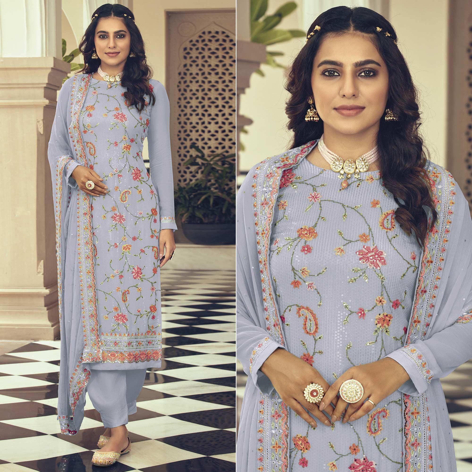 Lavender Embroidered With Embellished Georgette Salwar Suit - Peachmode