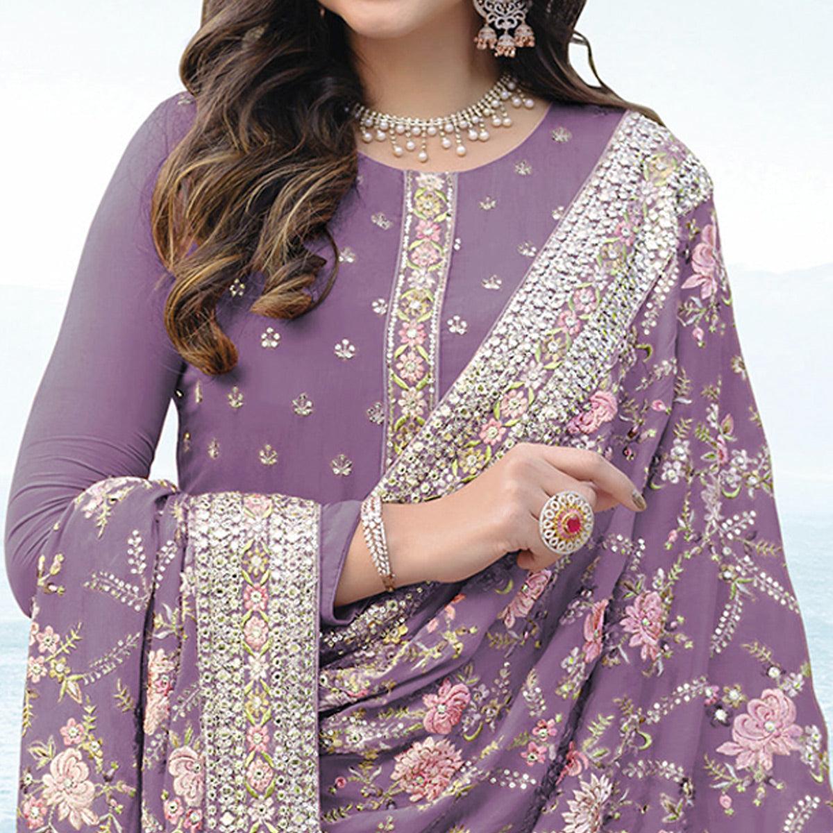 Lavender Embroidered With Embellished Georgette Salwar Suit - Peachmode