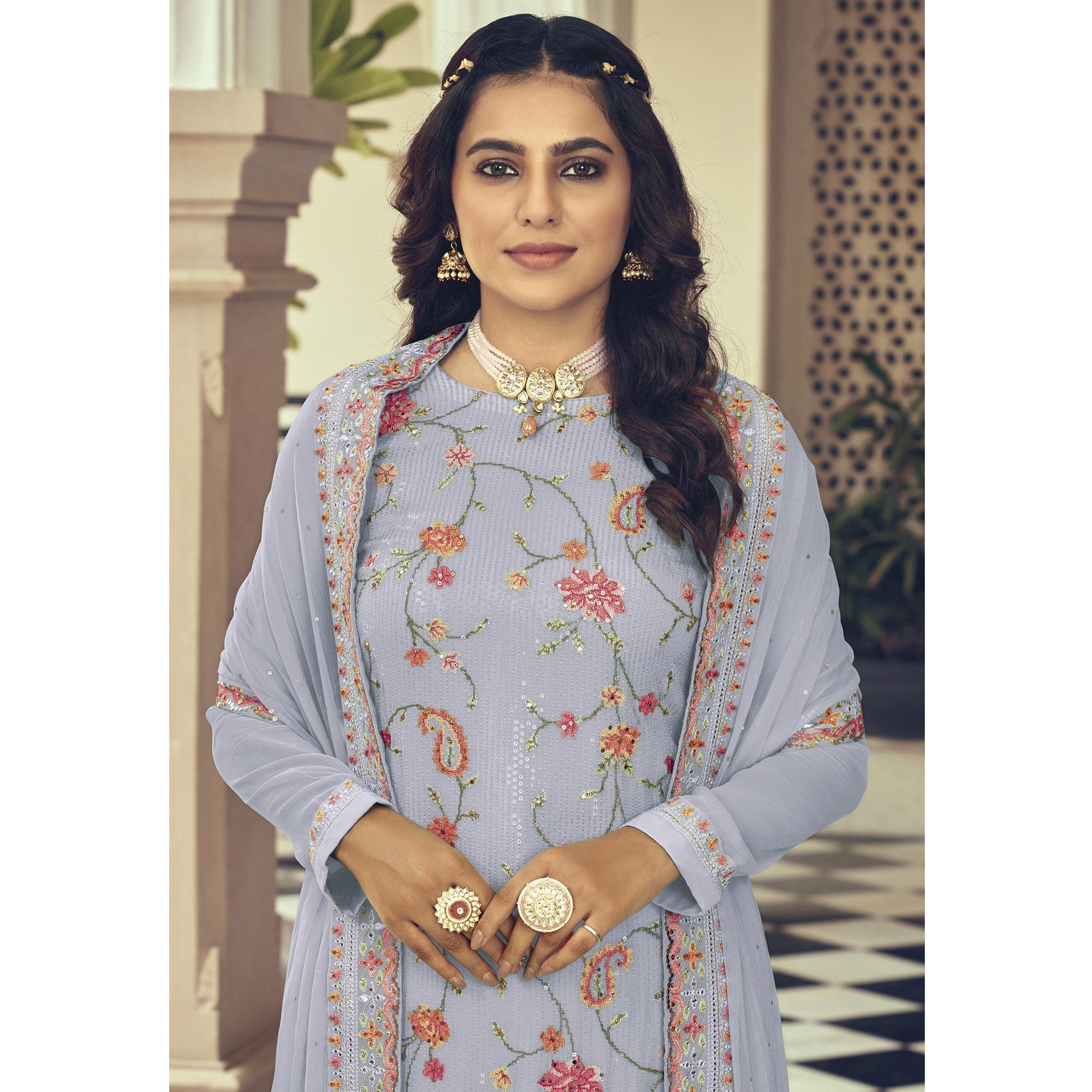 Lavender Embroidered With Embellished Georgette Salwar Suit - Peachmode