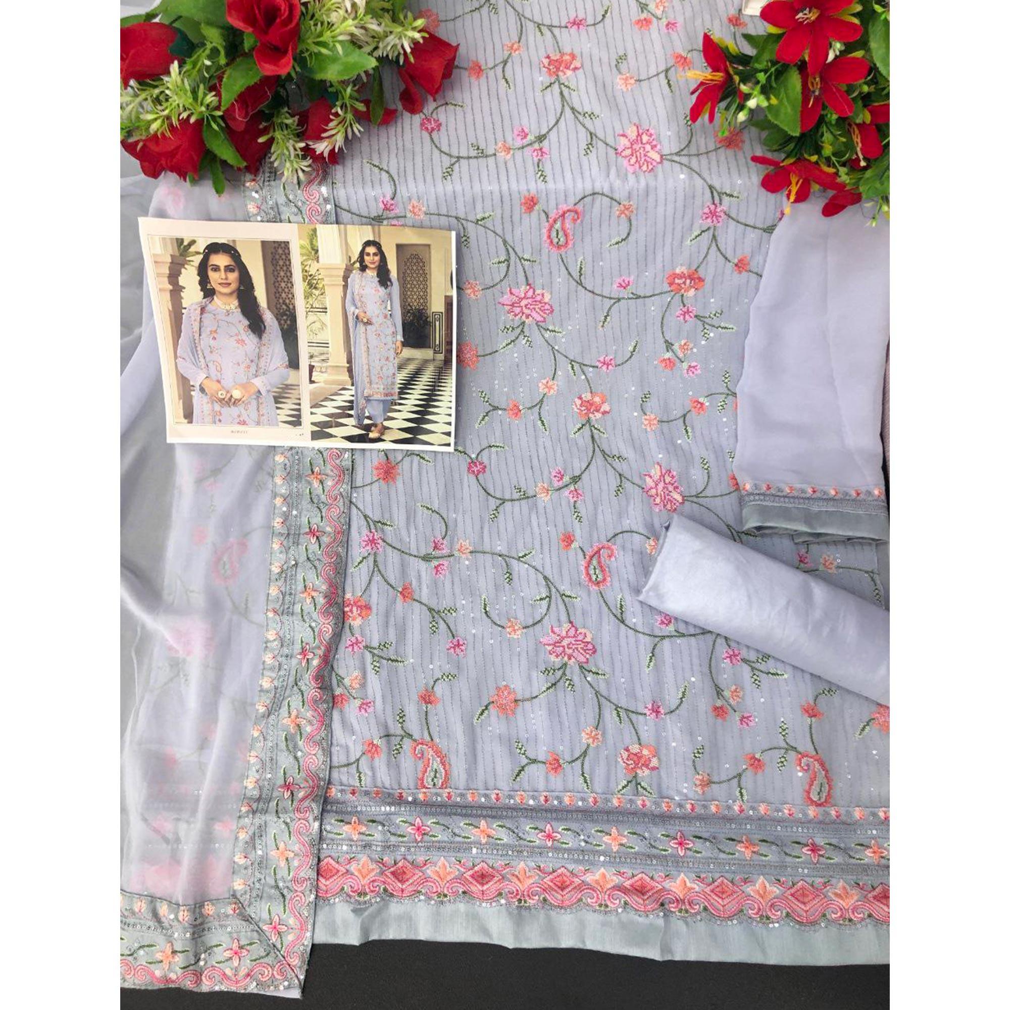 Lavender Embroidered With Embellished Georgette Salwar Suit - Peachmode