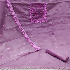 Lavender Festive Wear Floral Embroidered Organza Dress Material - Peachmode