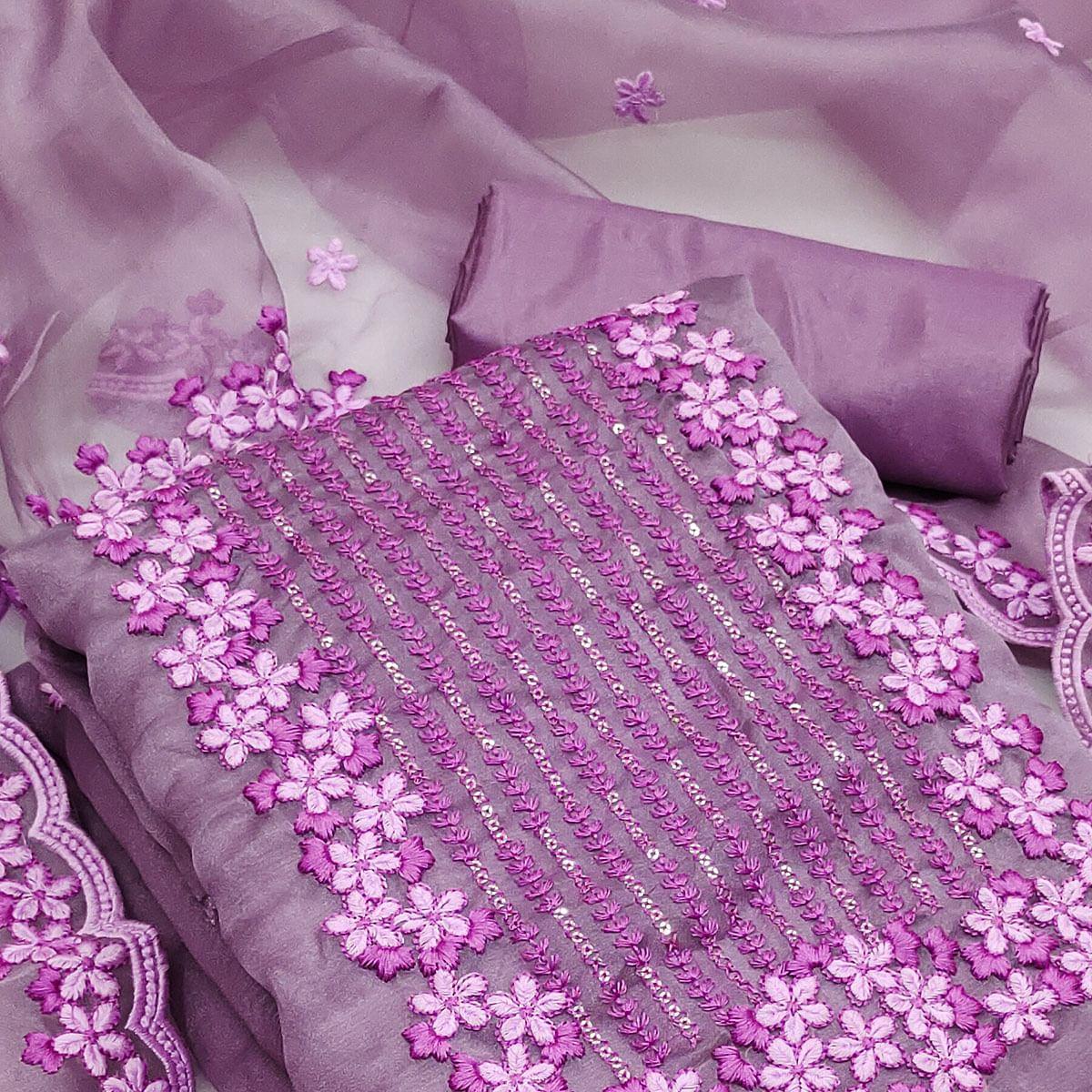 Lavender Festive Wear Floral Embroidered Organza Dress Material - Peachmode