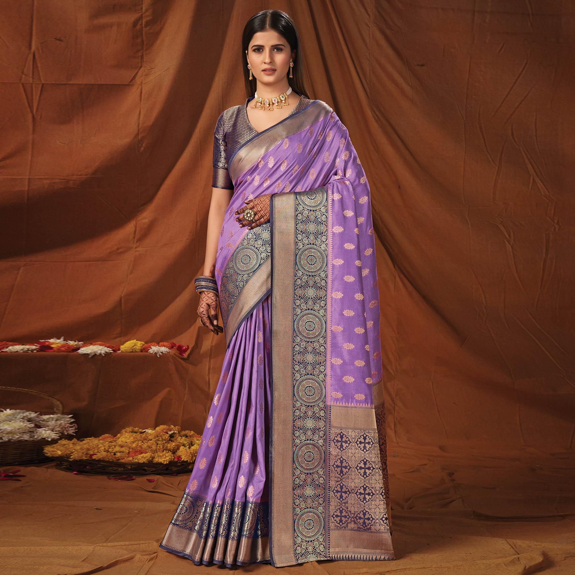 Lavender Festive Wear Woven Silk Saree - Peachmode