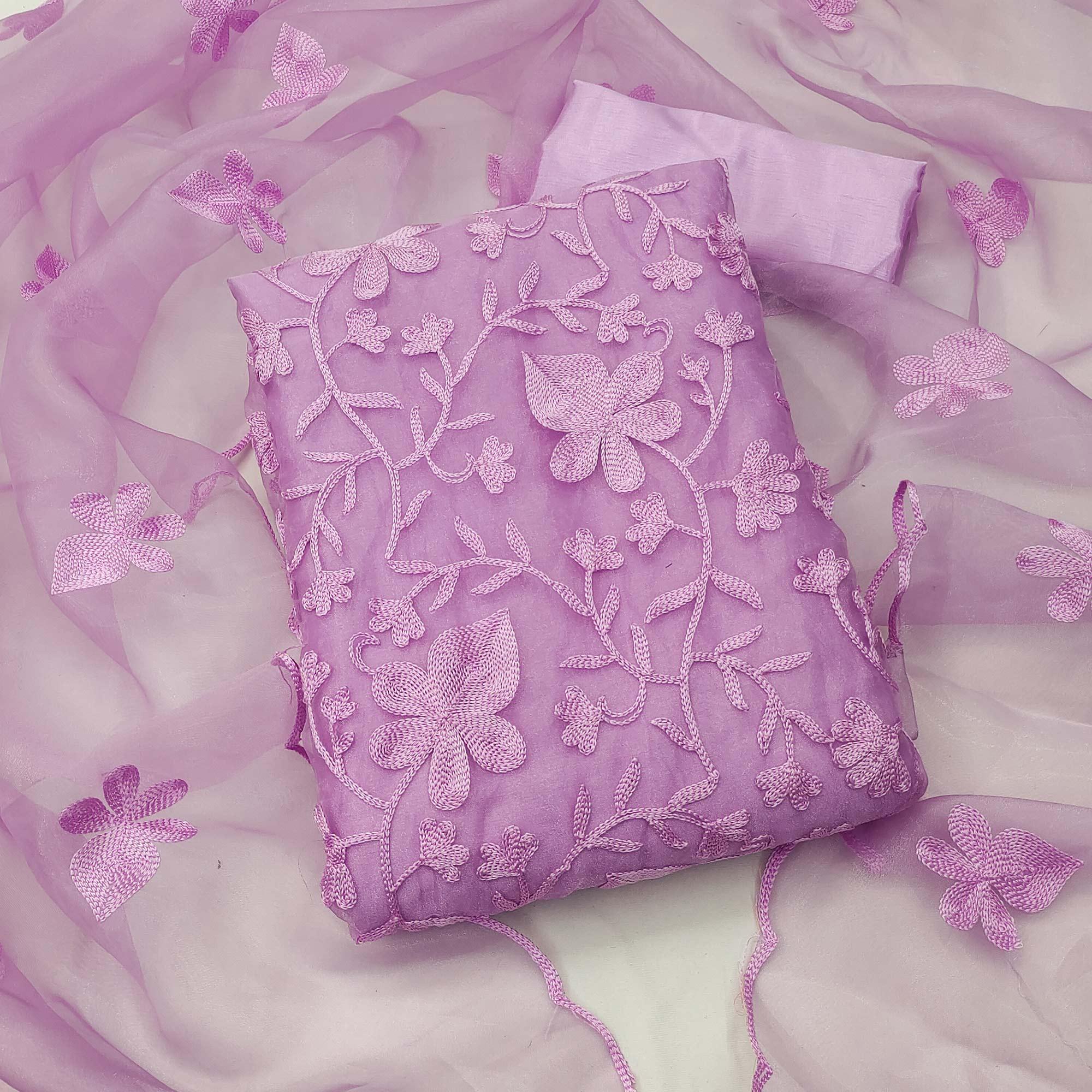 Lavender Floral Embroidered Organza Dress Material - Peachmode
