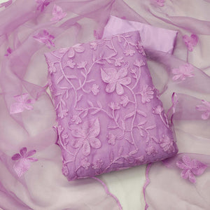 Lavender Floral Embroidered Organza Dress Material - Peachmode
