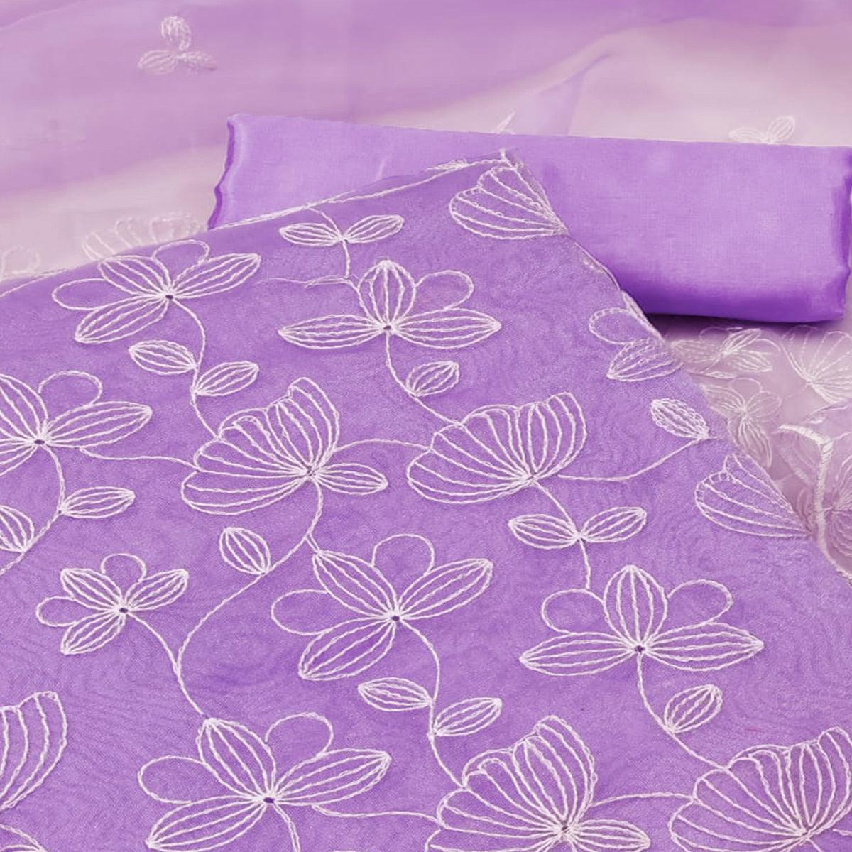 Lavender Floral Embroidered Organza Dress Material - Peachmode