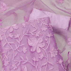 Lavender Floral Embroidered Organza Dress Material - Peachmode