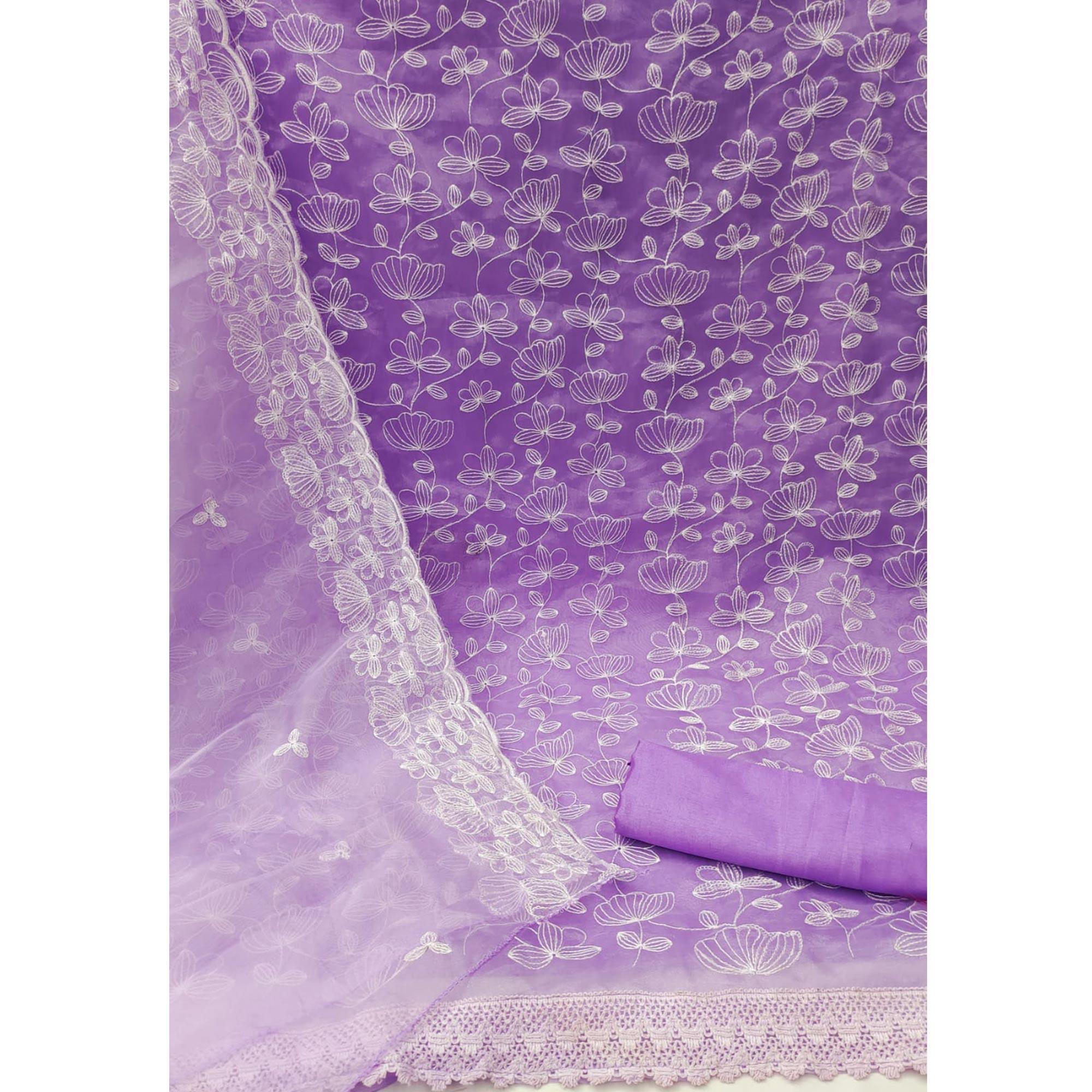 Lavender Floral Embroidered Organza Dress Material - Peachmode