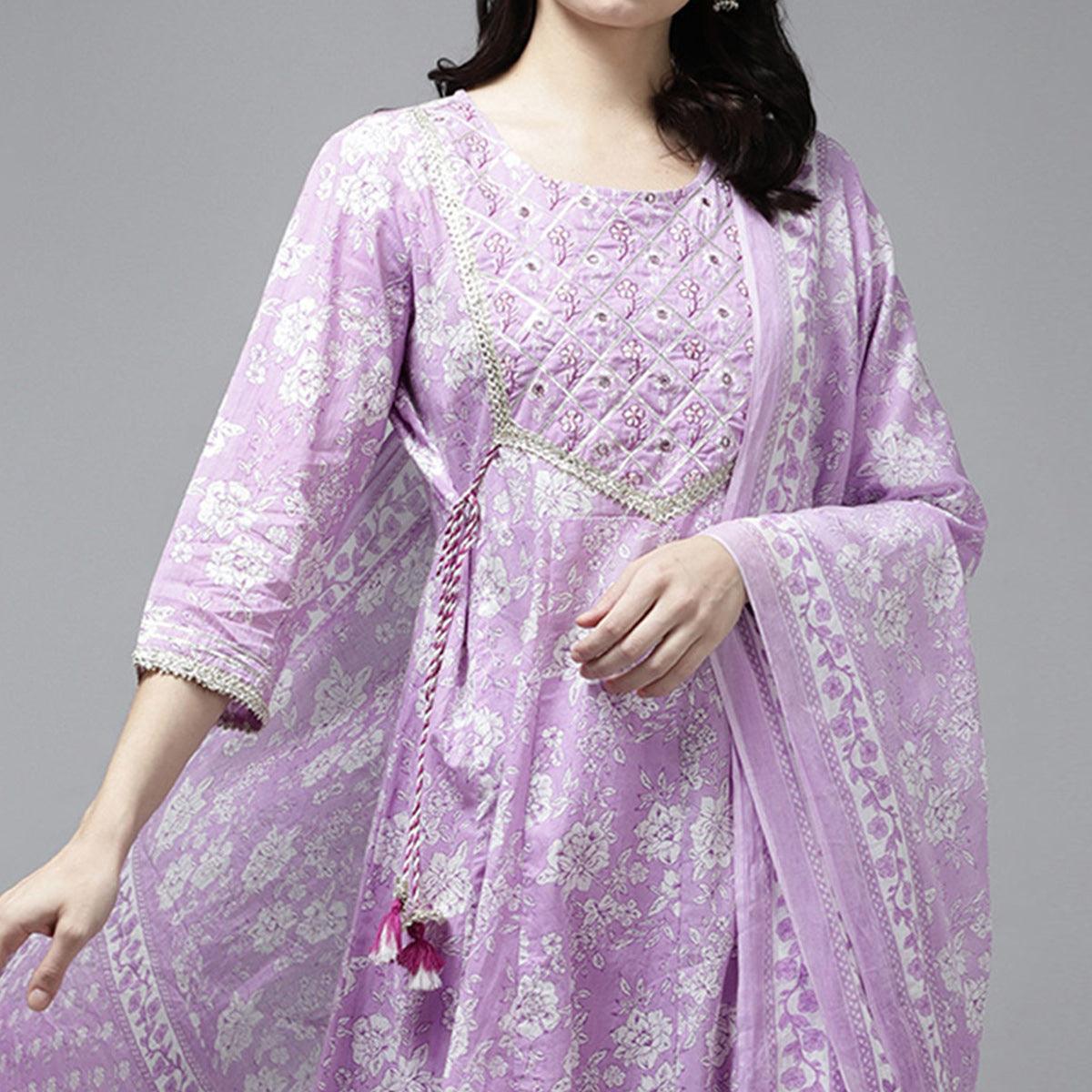 Lavender Floral Printed Pure Cotton Anarkali Suit - Peachmode