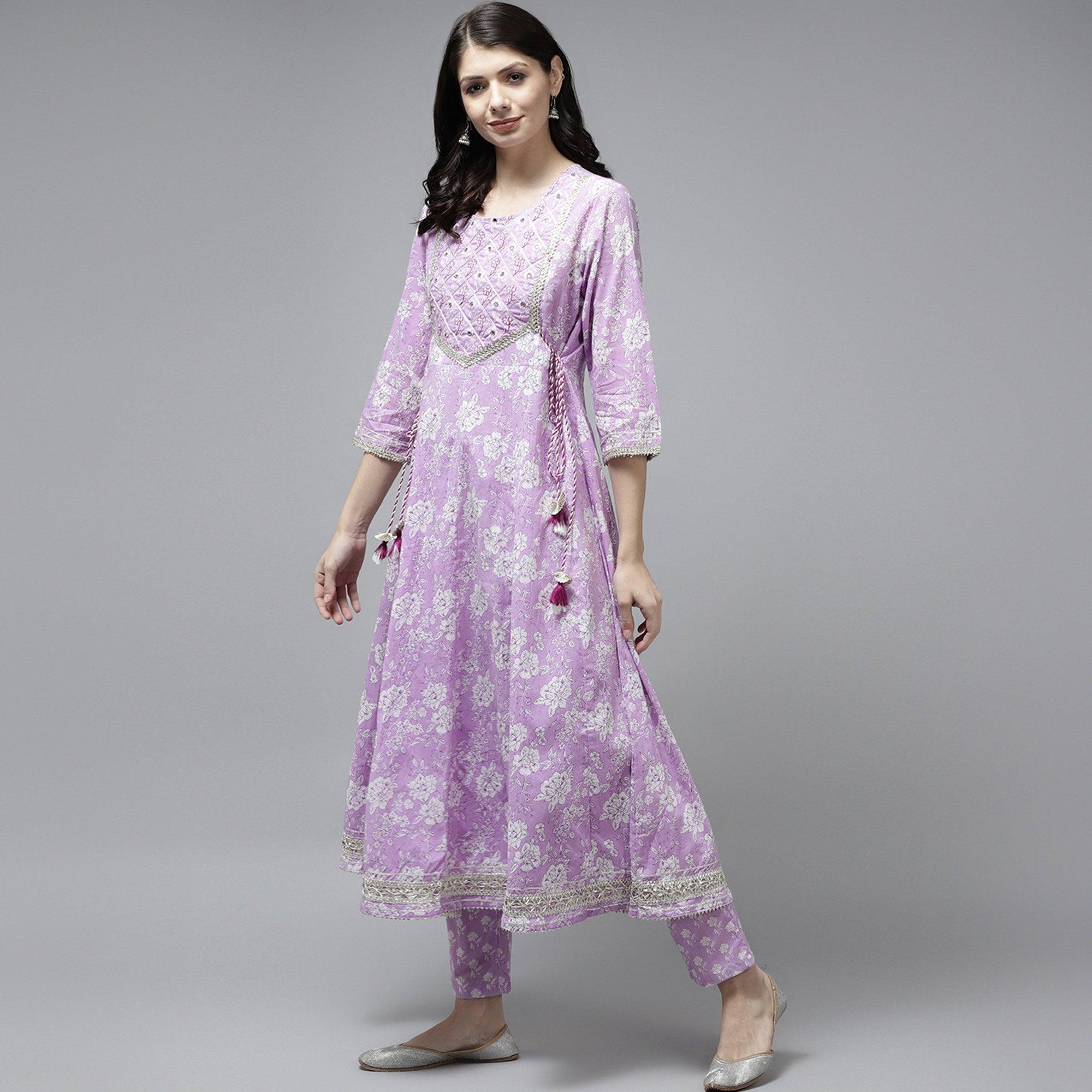 Lavender Floral Printed Pure Cotton Anarkali Suit - Peachmode