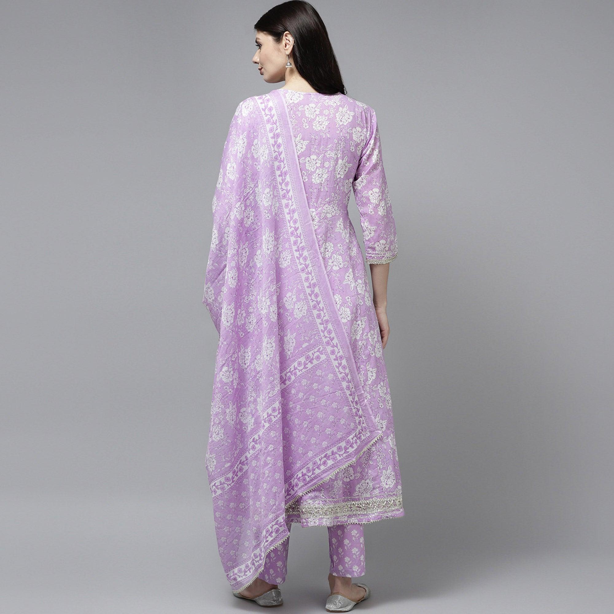Lavender Floral Printed Pure Cotton Anarkali Suit - Peachmode