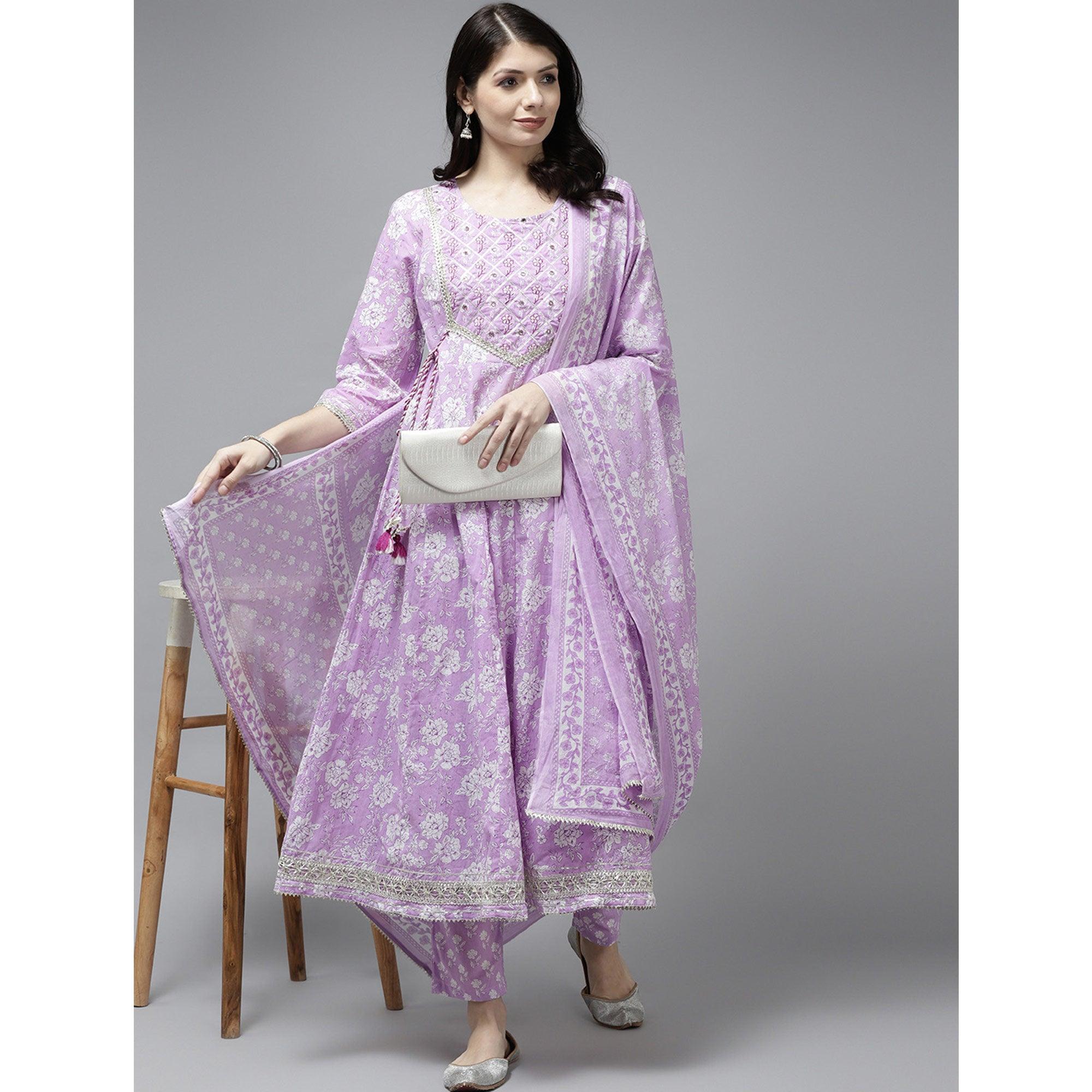 Lavender Floral Printed Pure Cotton Anarkali Suit - Peachmode