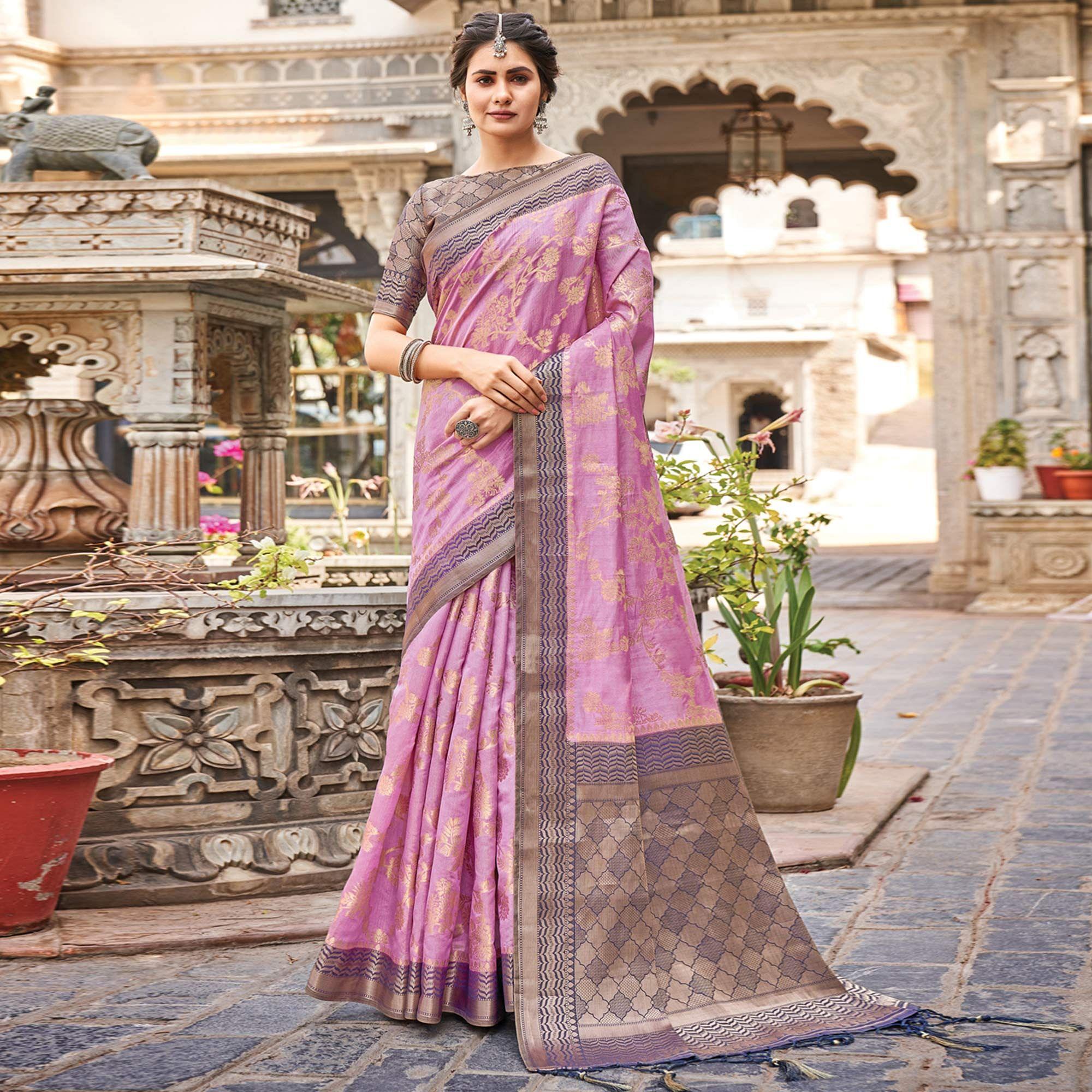 Lavender Floral Woven Pure Silk Saree - Peachmode