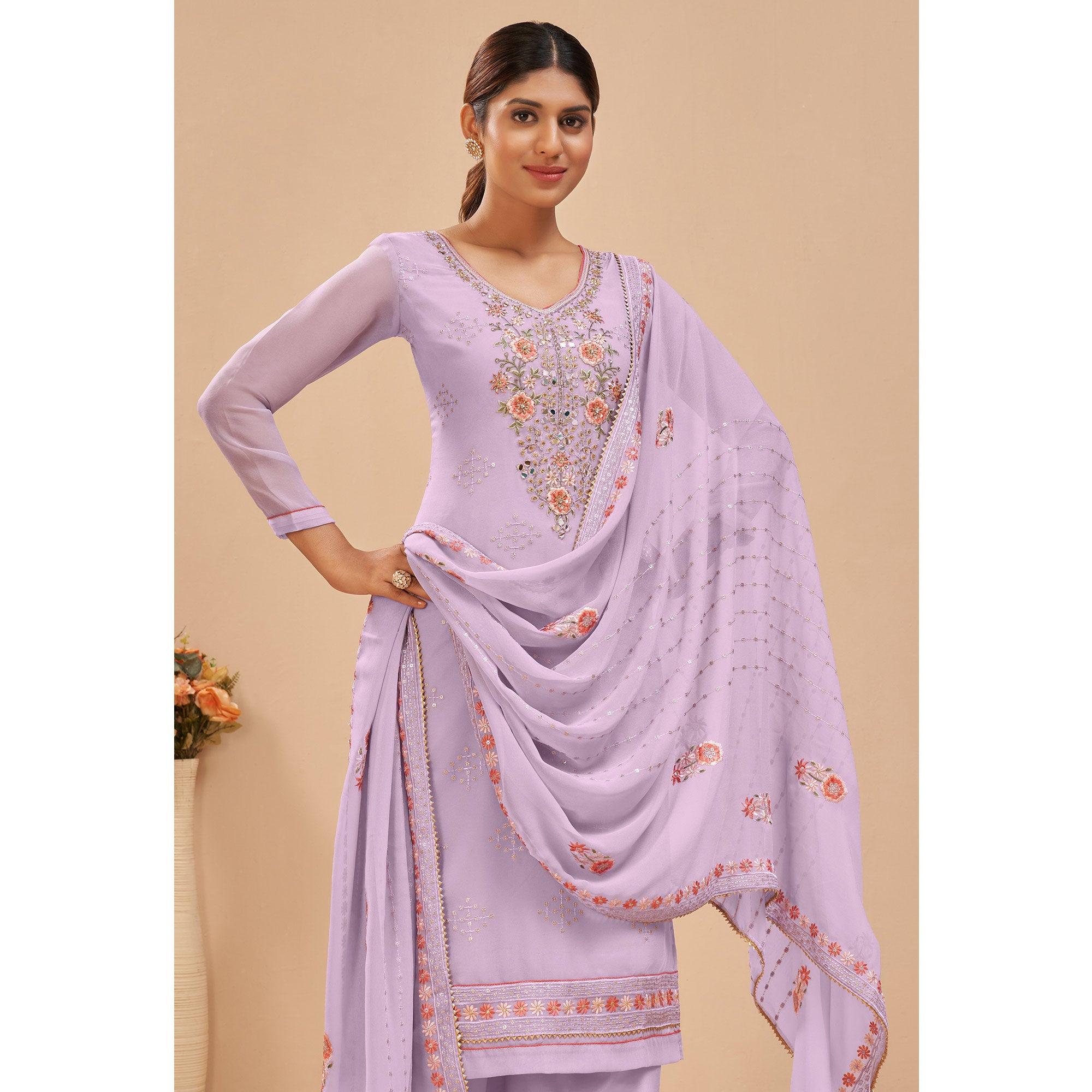 Lavender Party Wear Embroidered Georgette Suit - Peachmode