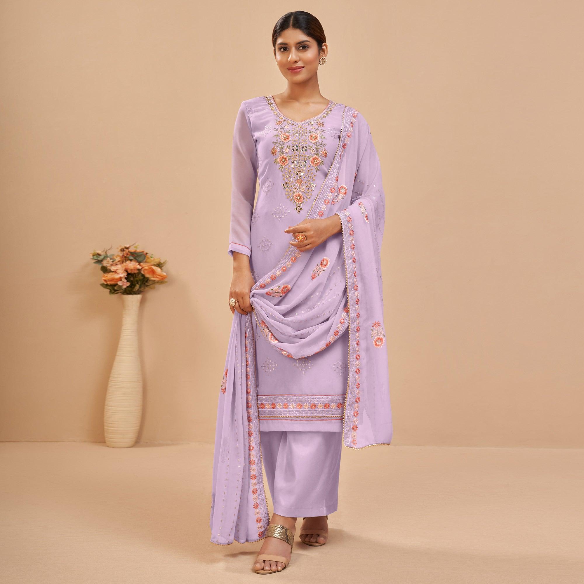 Lavender Party Wear Embroidered Georgette Suit - Peachmode