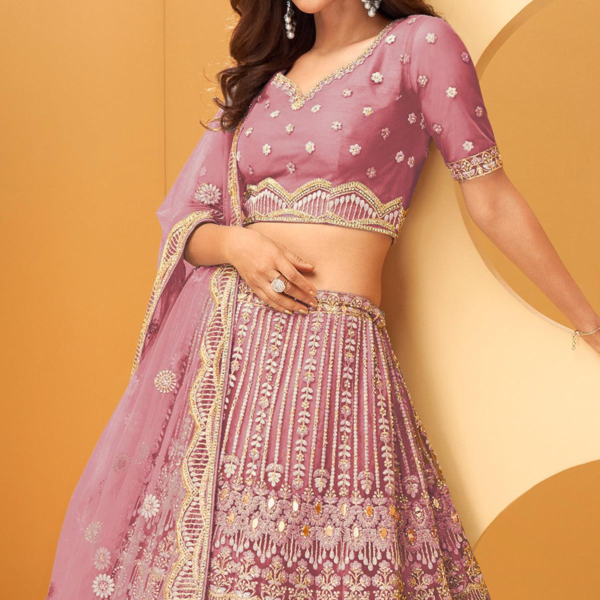 Lavender Party Wear Embroidered Net Lehenga Choli - Peachmode