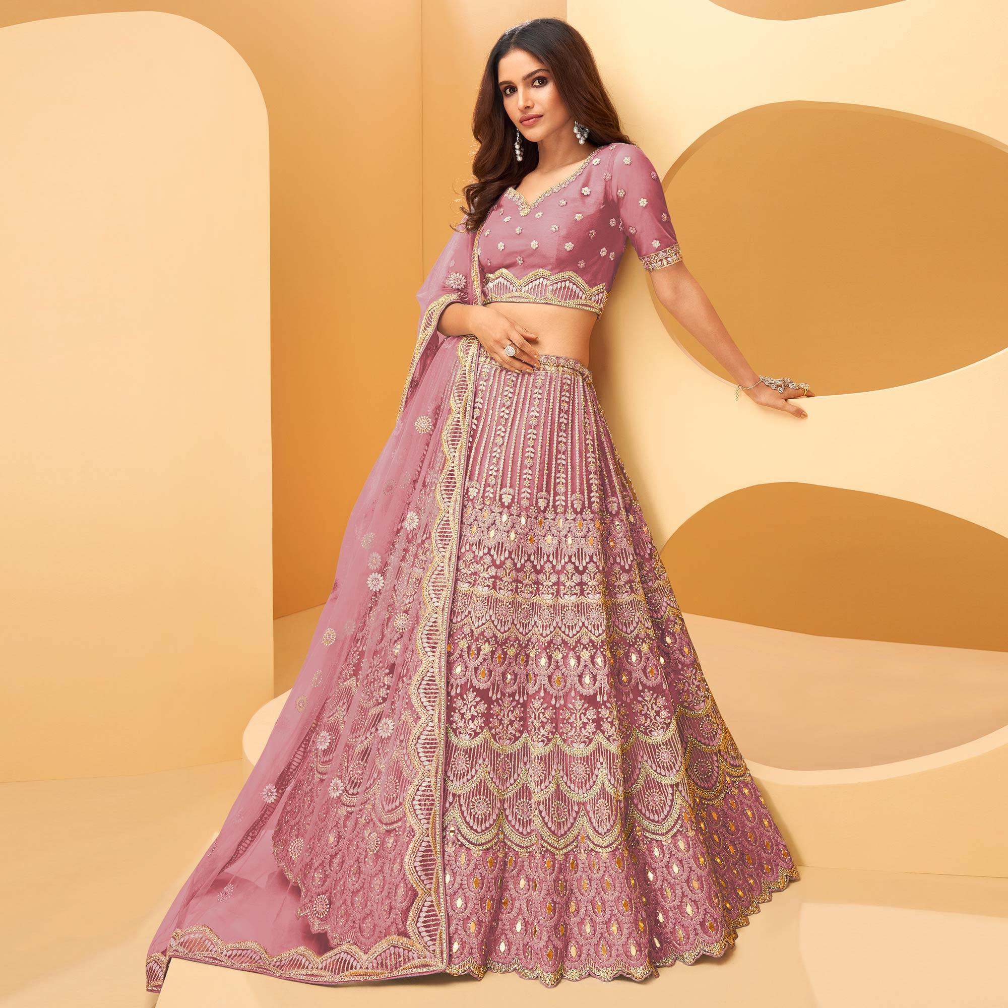 Lavender Party Wear Embroidered Net Lehenga Choli - Peachmode