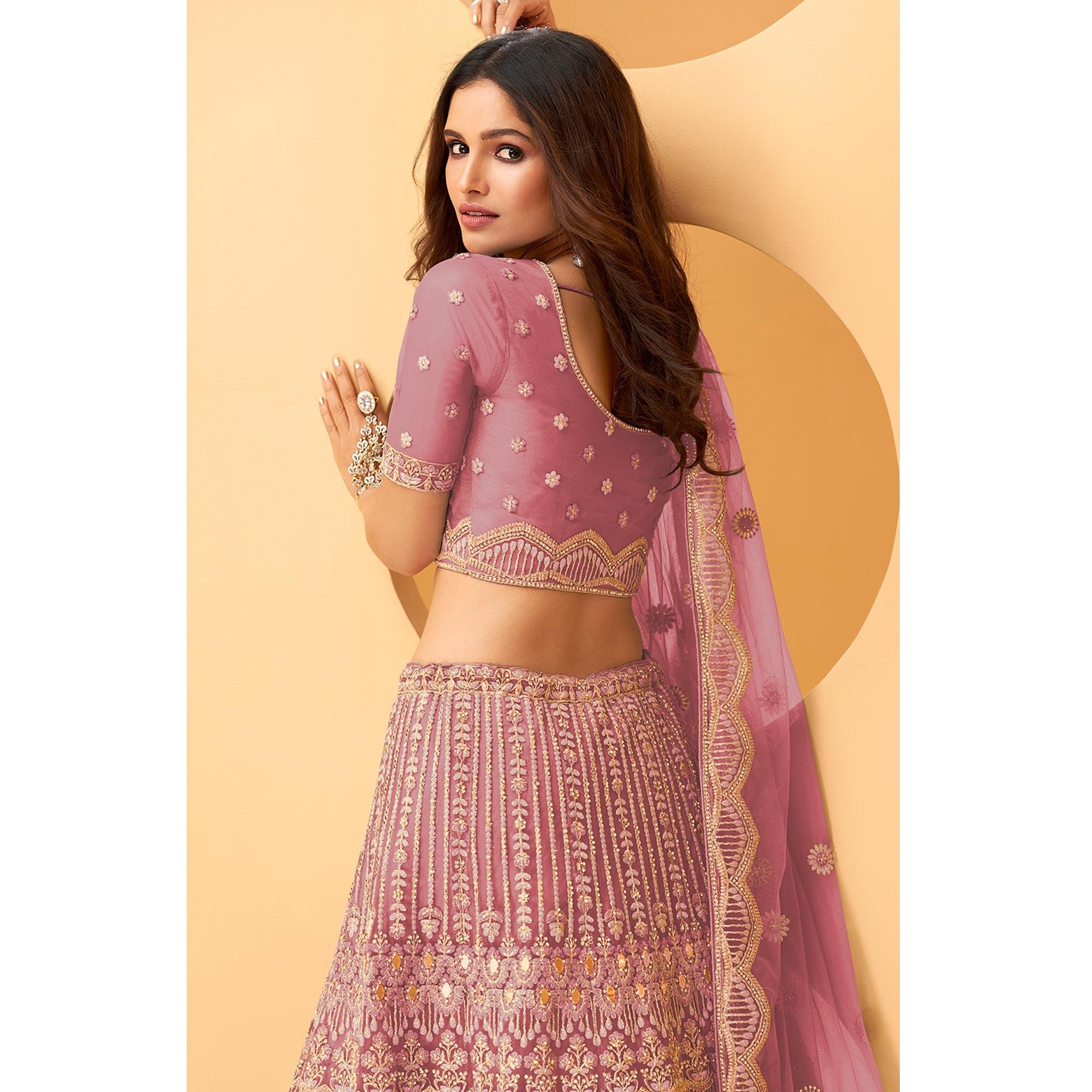 Lavender Party Wear Embroidered Net Lehenga Choli - Peachmode