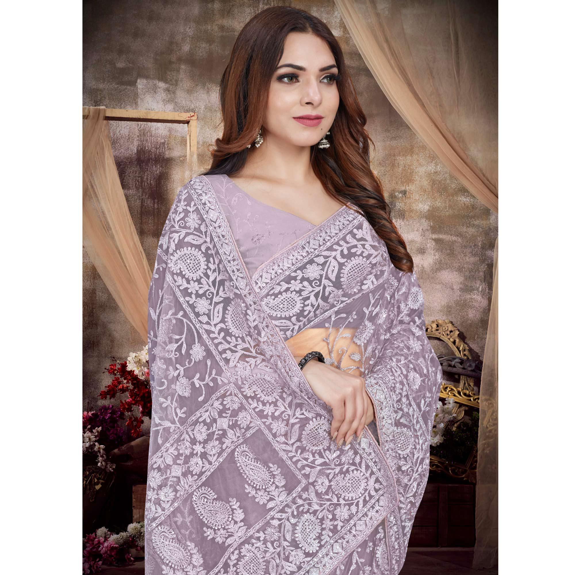 Lavender Partywear Embroidery With Embellished Net Saree - Peachmode
