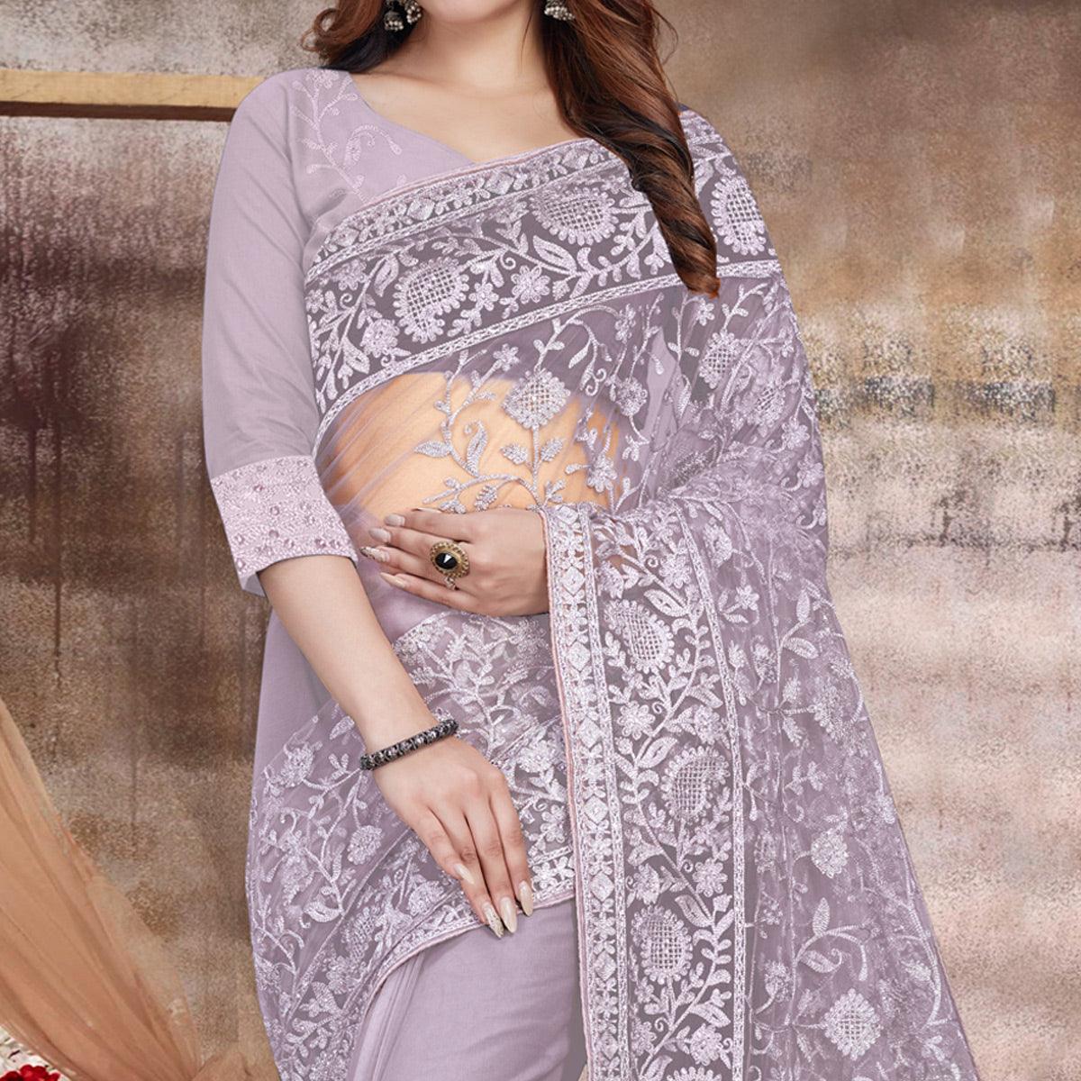 Lavender Partywear Embroidery With Embellished Net Saree - Peachmode
