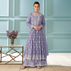 Lavender Partywear Floral Embroidered Rayon Palazzo Suit - Peachmode