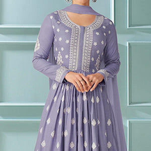 Lavender Partywear Floral Embroidered Rayon Palazzo Suit - Peachmode