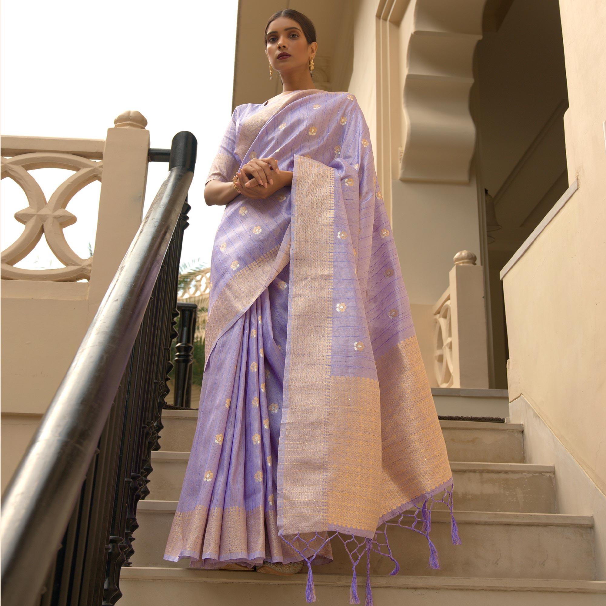 Lavender Partywear Sequence Woven Silk Saree - Peachmode