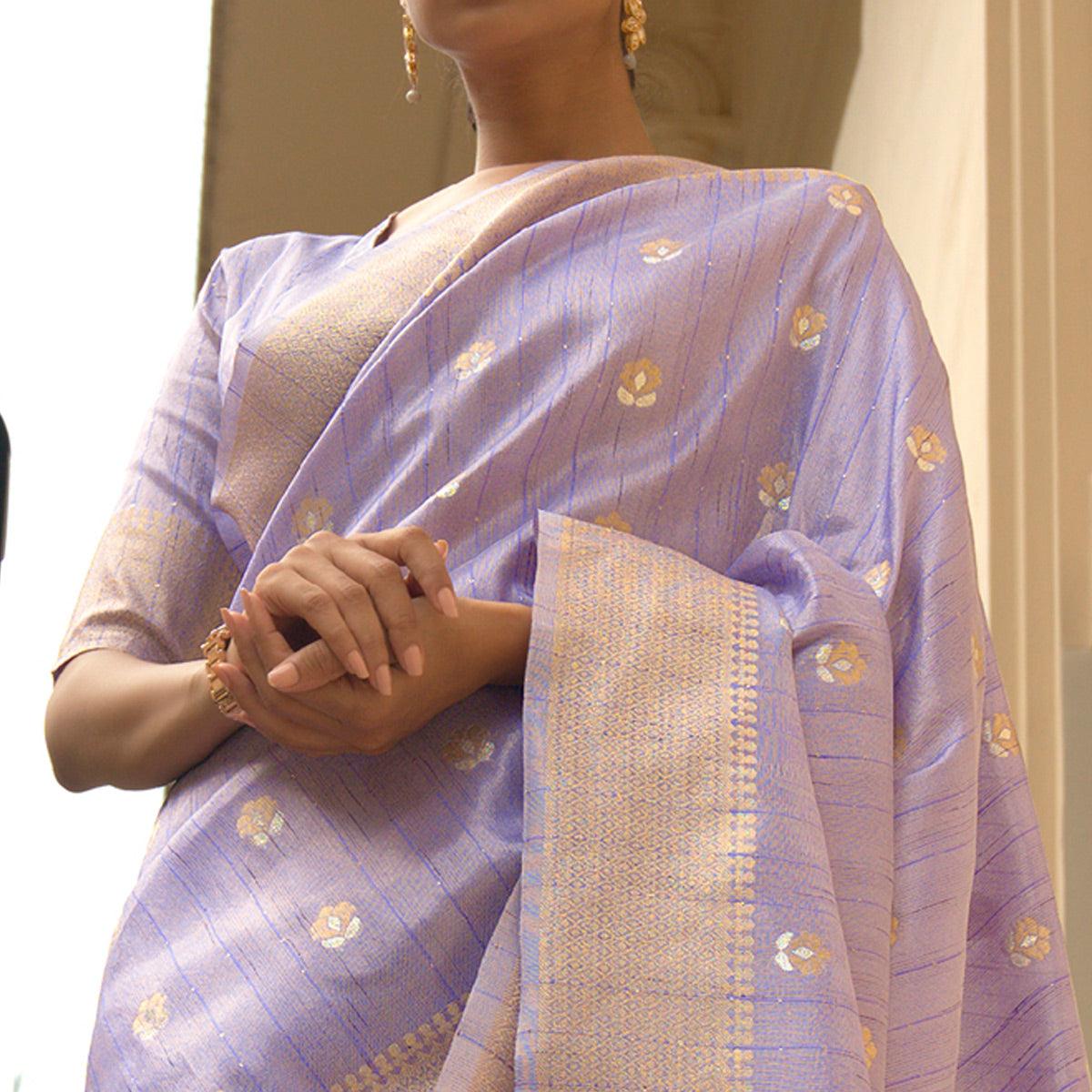 Lavender Partywear Sequence Woven Silk Saree - Peachmode