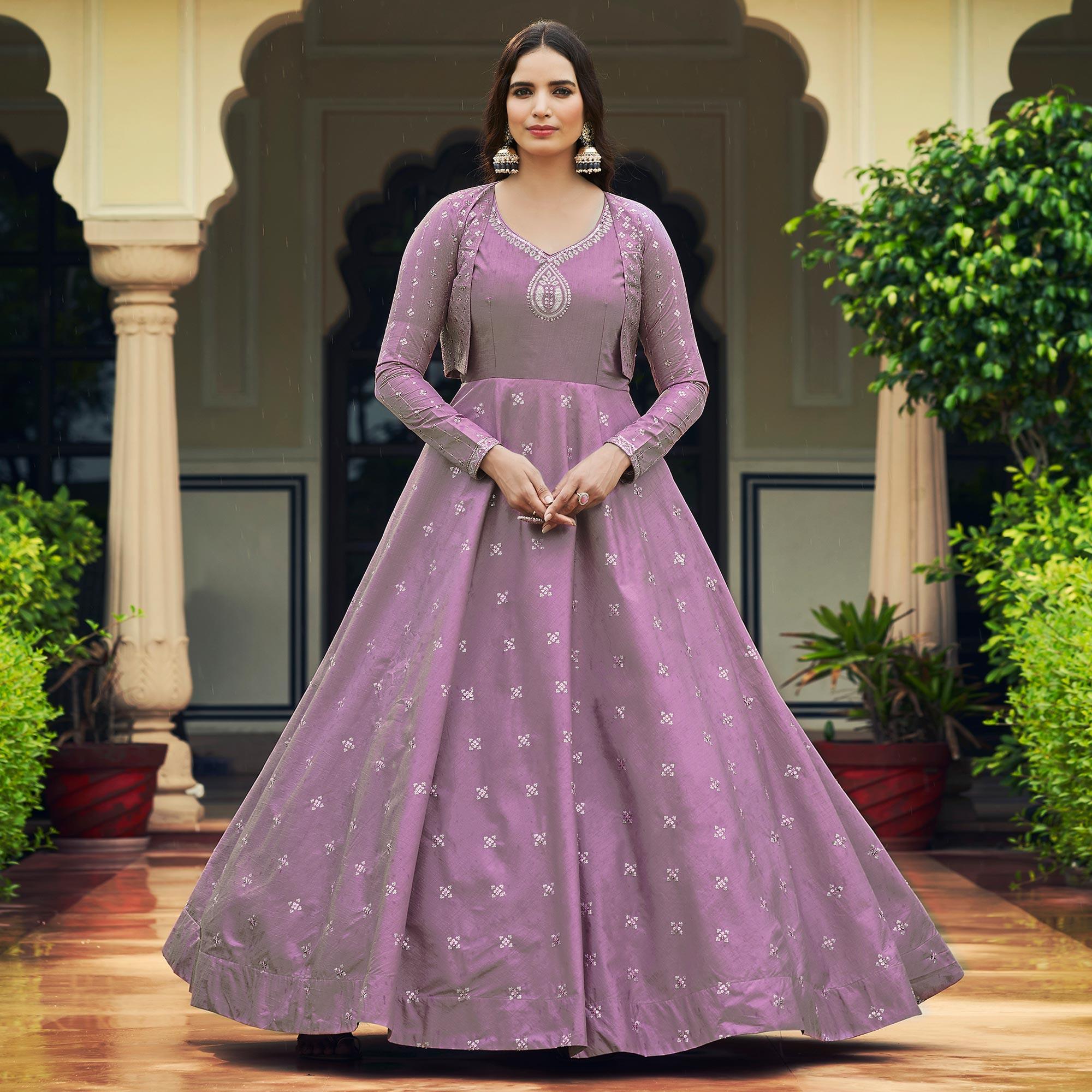Lavender Sequence Embroidered Pure Cotton Gown With Koti - Peachmode