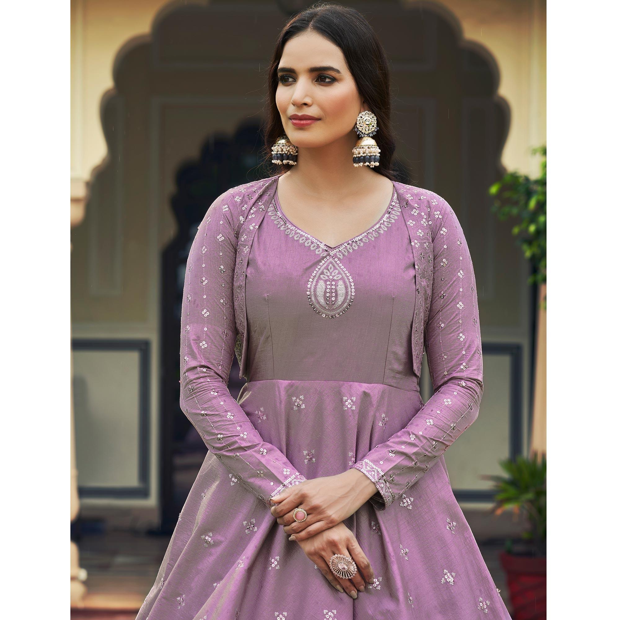 Lavender Sequence Embroidered Pure Cotton Gown With Koti - Peachmode