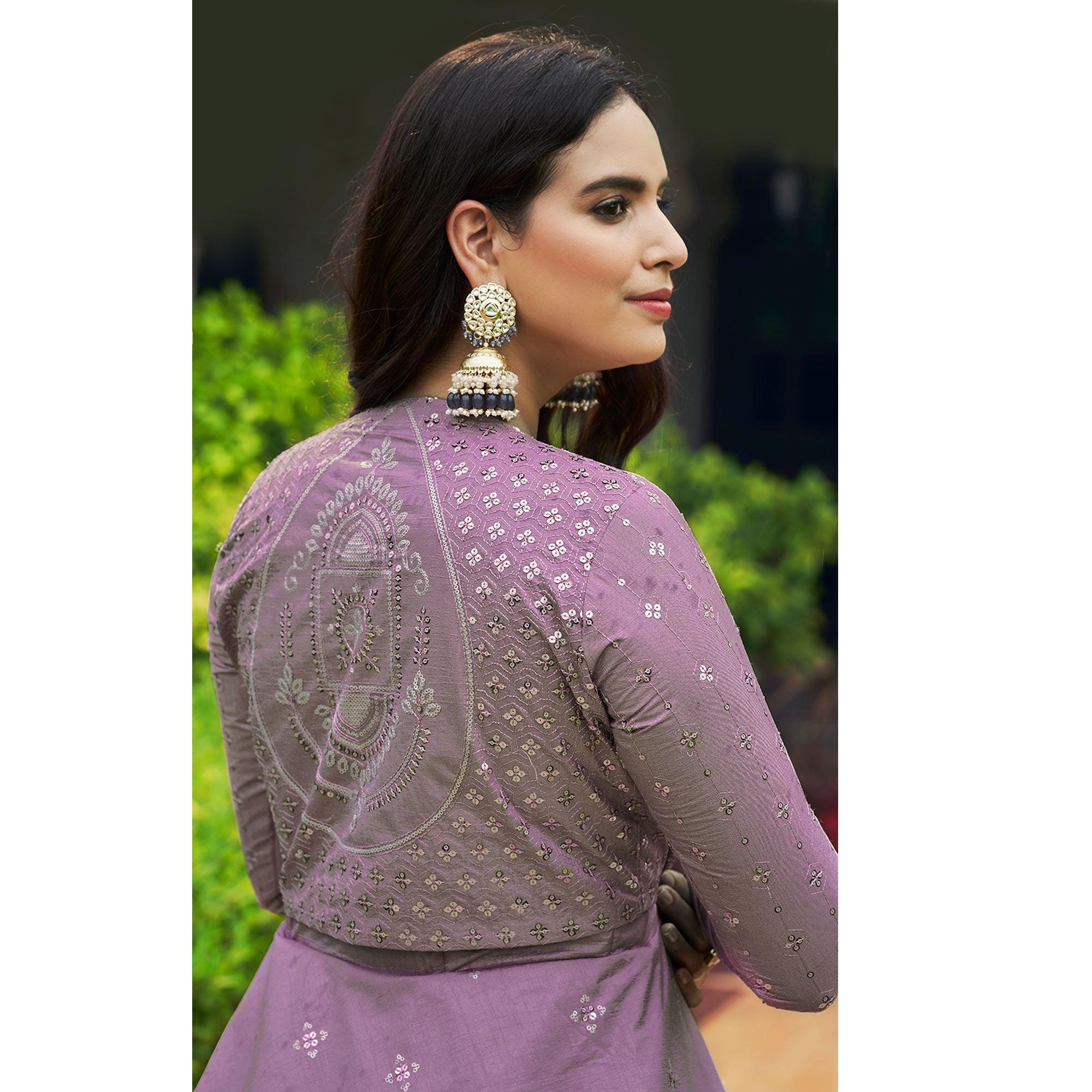 Lavender Sequence Embroidered Pure Cotton Gown With Koti - Peachmode