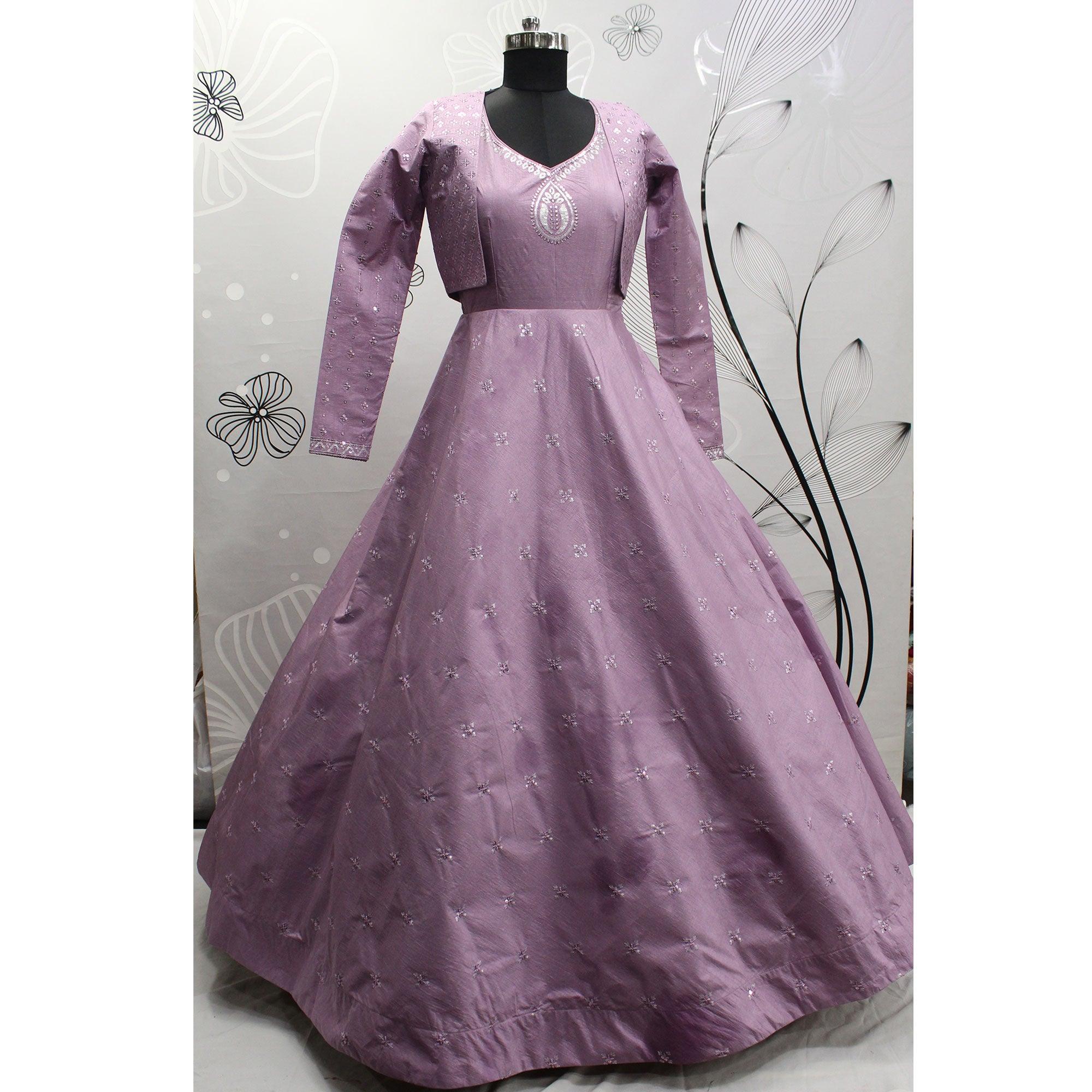 Lavender Sequence Embroidered Pure Cotton Gown With Koti - Peachmode