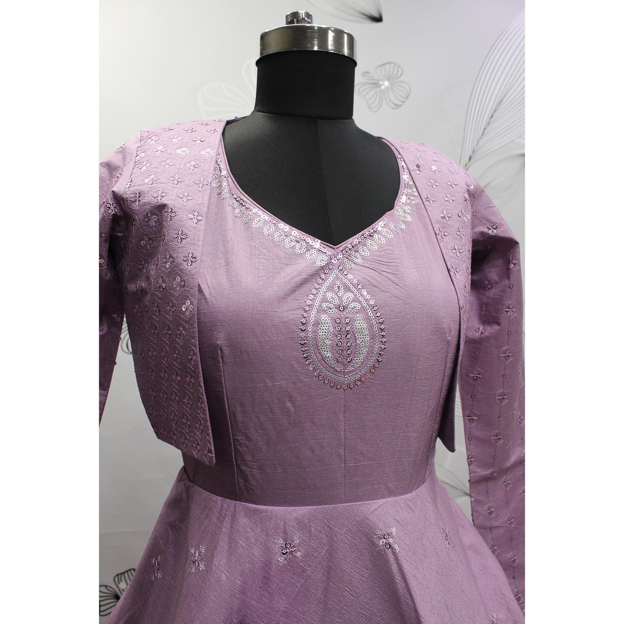 Lavender Sequence Embroidered Pure Cotton Gown With Koti - Peachmode