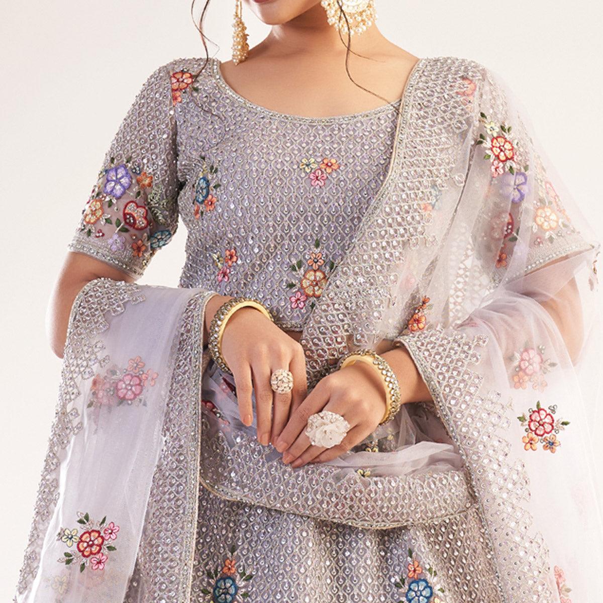 Lavender Wedding Wear Embellished Heavy Butterfly Net Lehenga Choli - Peachmode