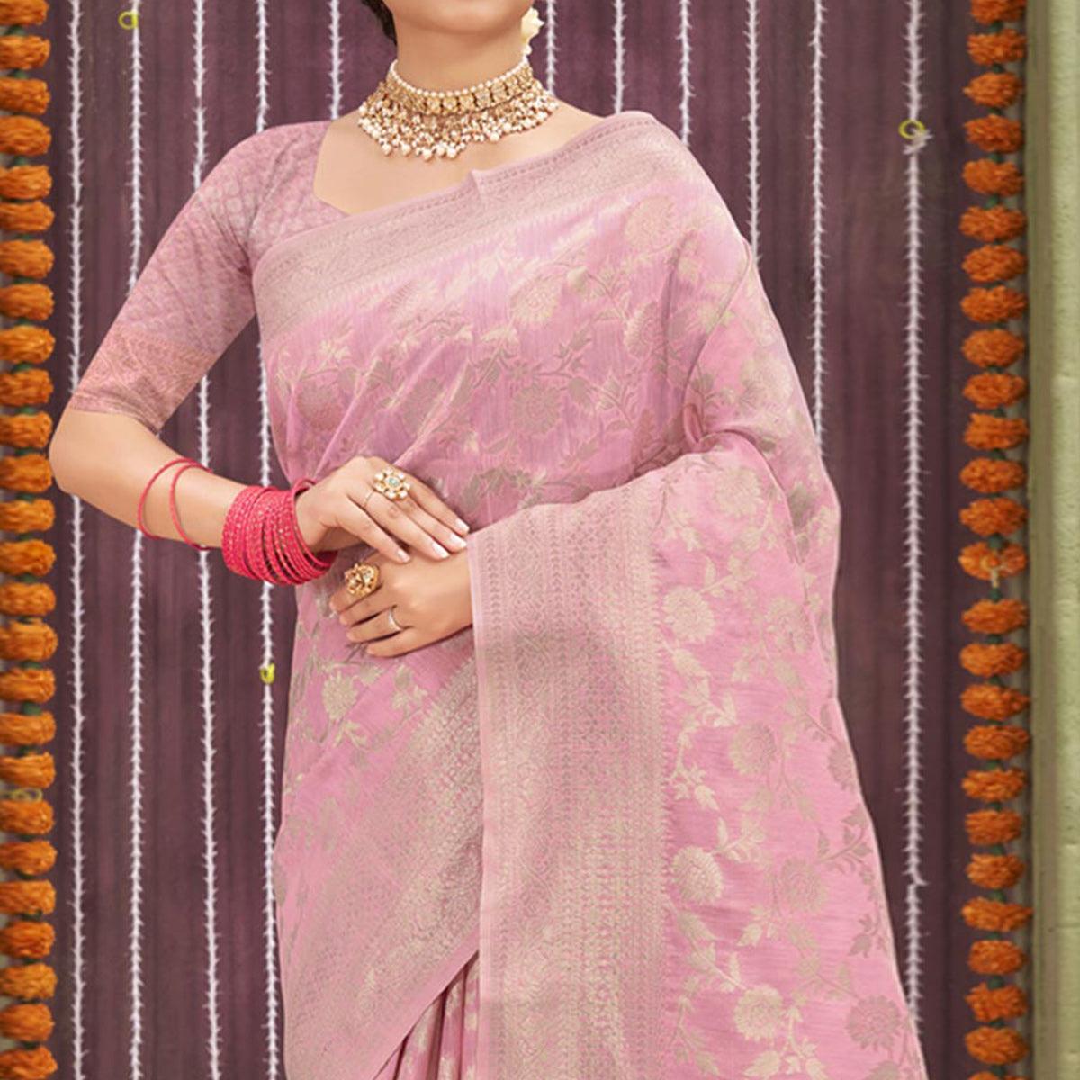 Lavender Woven Linen Saree - Peachmode