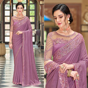 Lavendor Floral Sequence Embroidered Art Silk Saree - Peachmode