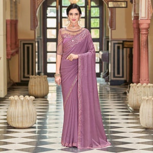Lavendor Floral Sequence Embroidered Art Silk Saree - Peachmode