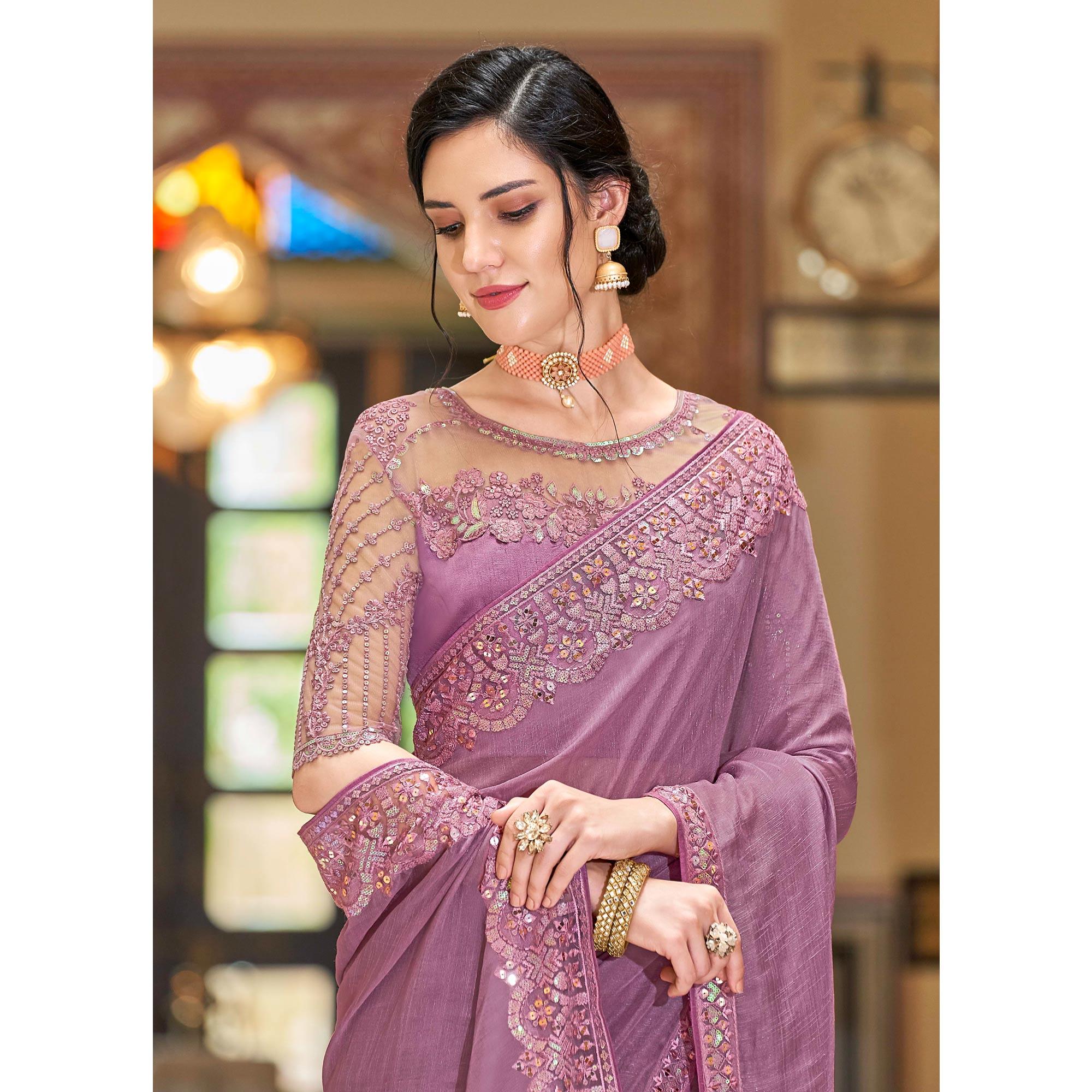 Lavendor Floral Sequence Embroidered Art Silk Saree - Peachmode
