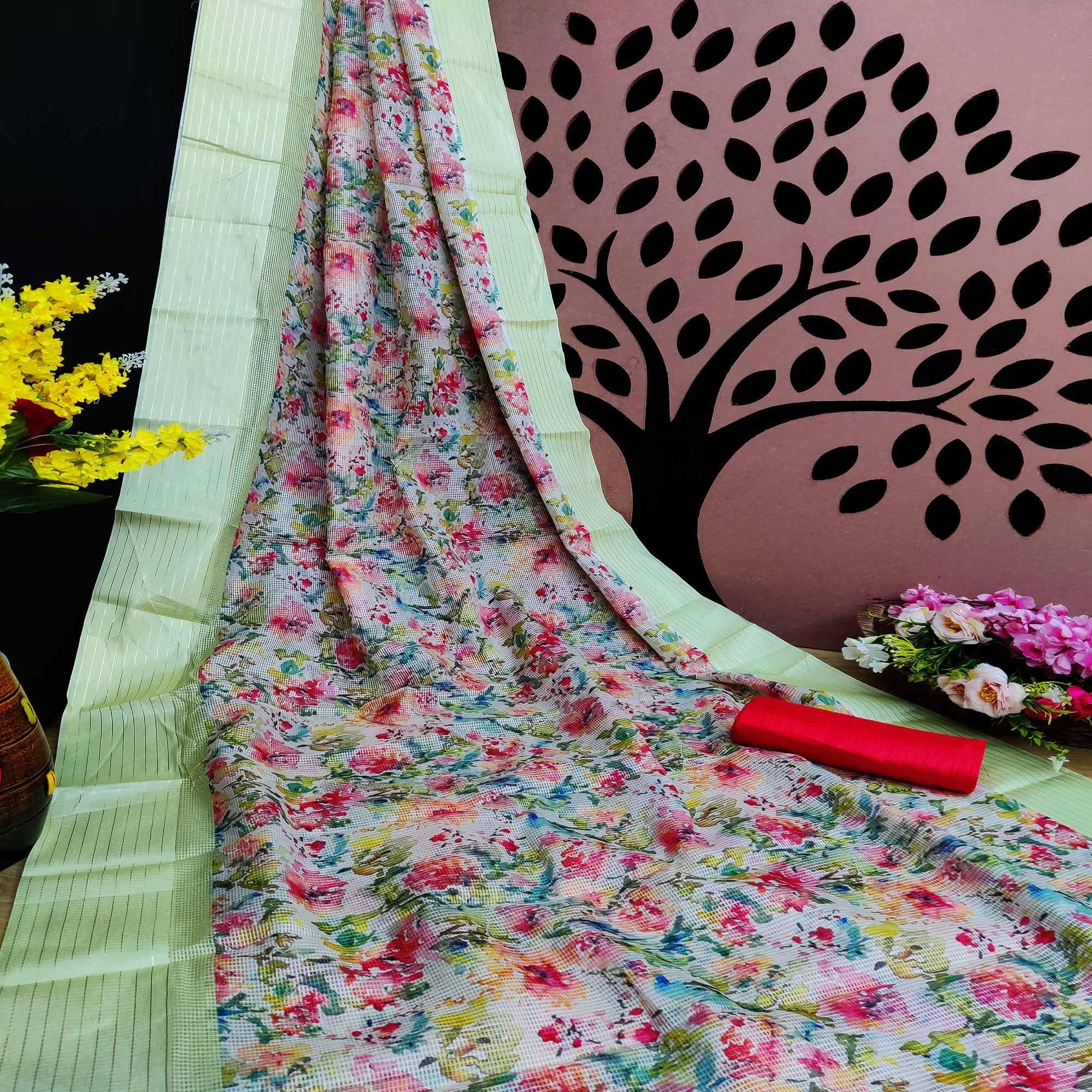 Lemon Festive Wear Floral Digital Print With Woven Border Silk Saree - Peachmode