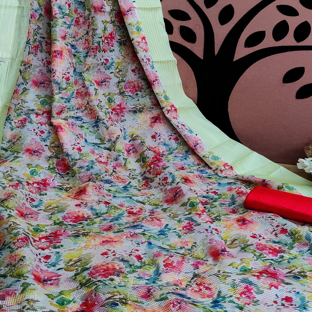 Lemon Festive Wear Floral Digital Print With Woven Border Silk Saree - Peachmode