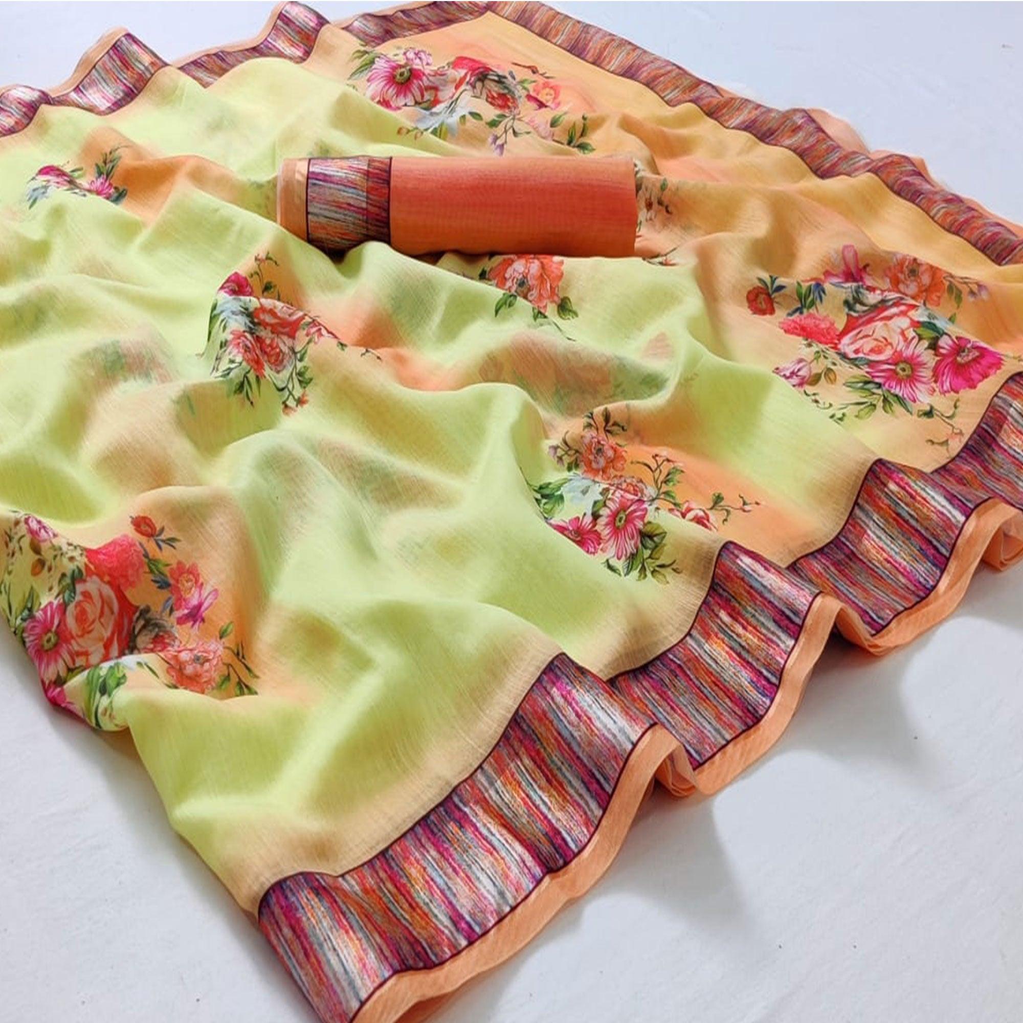 Lemon Green Casual Wear Floral Digital Printed Linen Saree - Peachmode