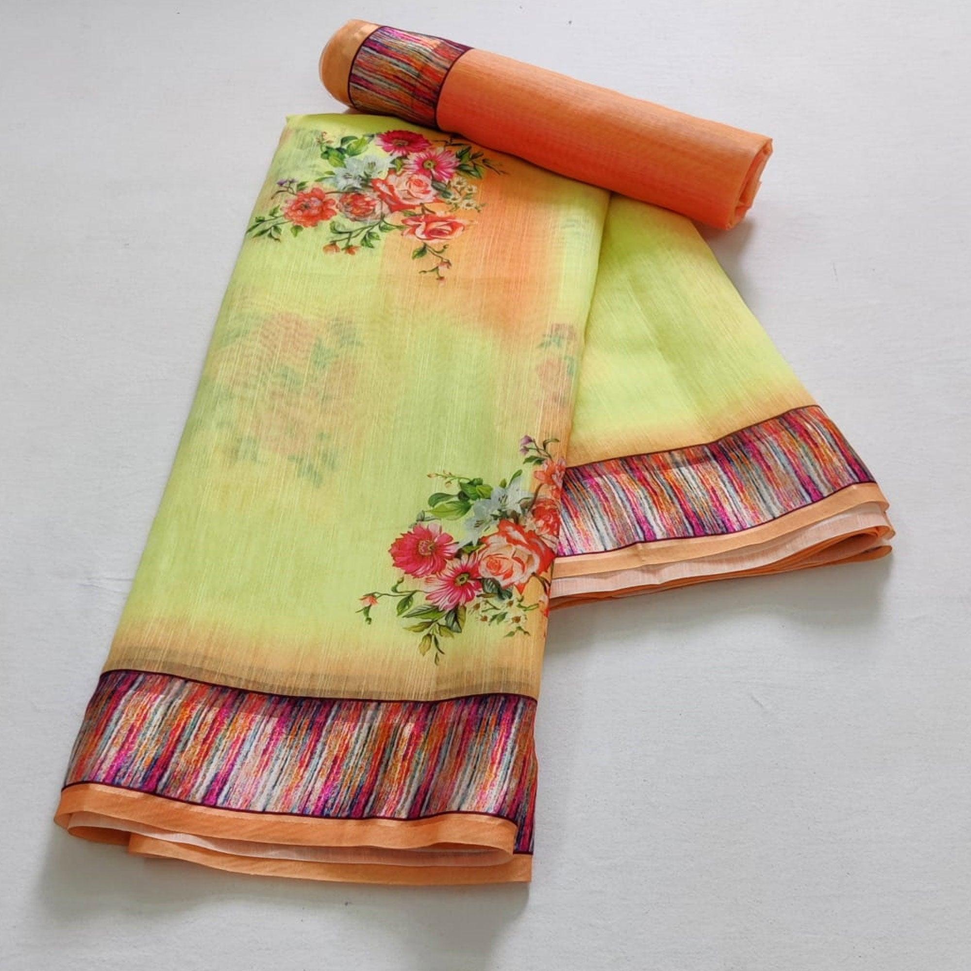 Lemon Green Casual Wear Floral Digital Printed Linen Saree - Peachmode